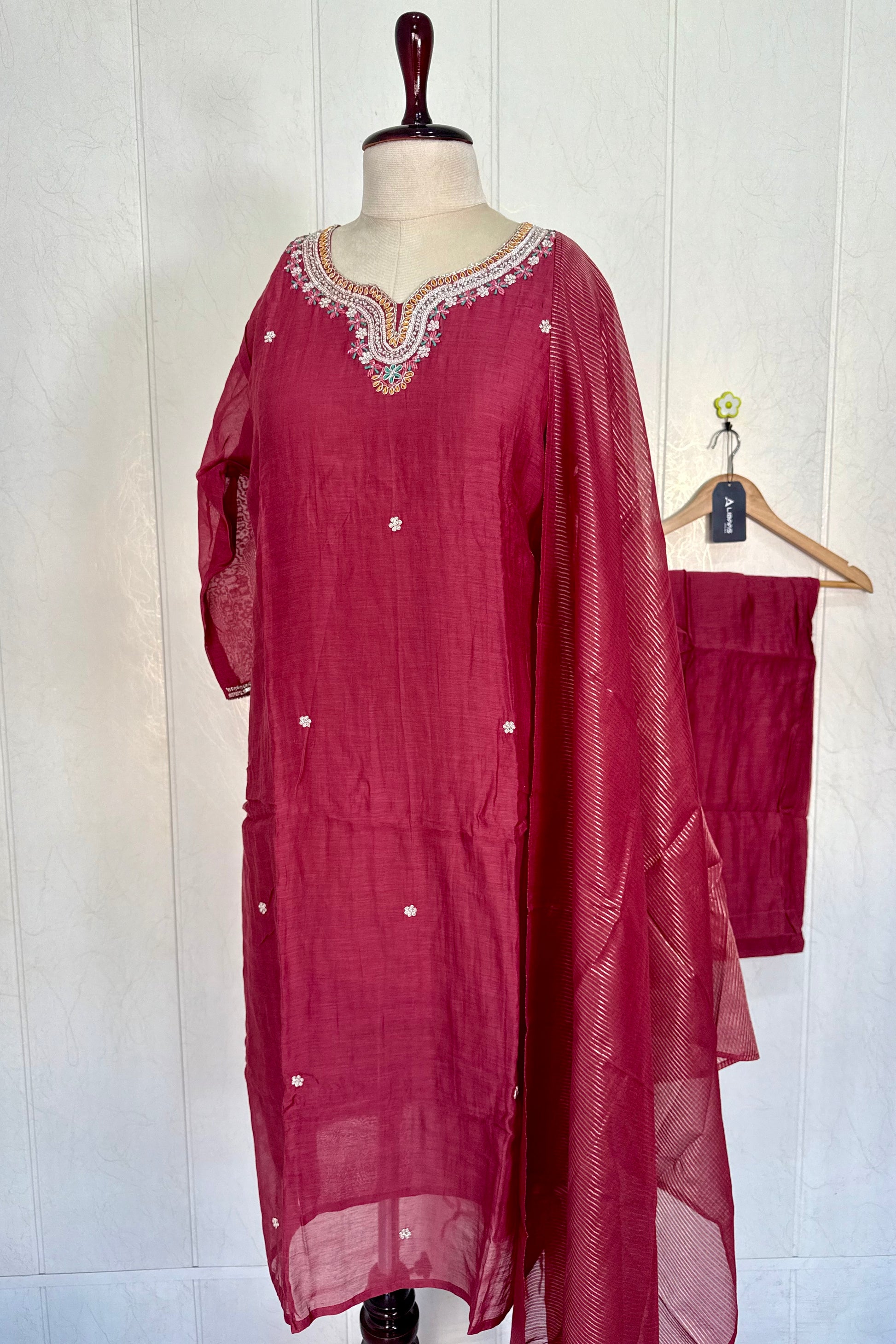 “Bindiya” Deep Rose Mul Chanderi handwork kurta set