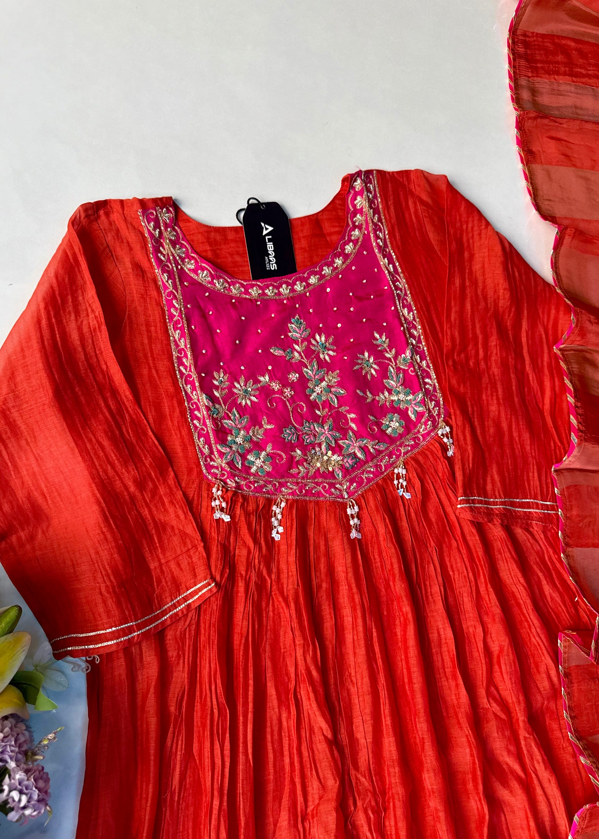 “Deep” Premium Rust Orange Mul Chanderi Anarkali Kurta Set