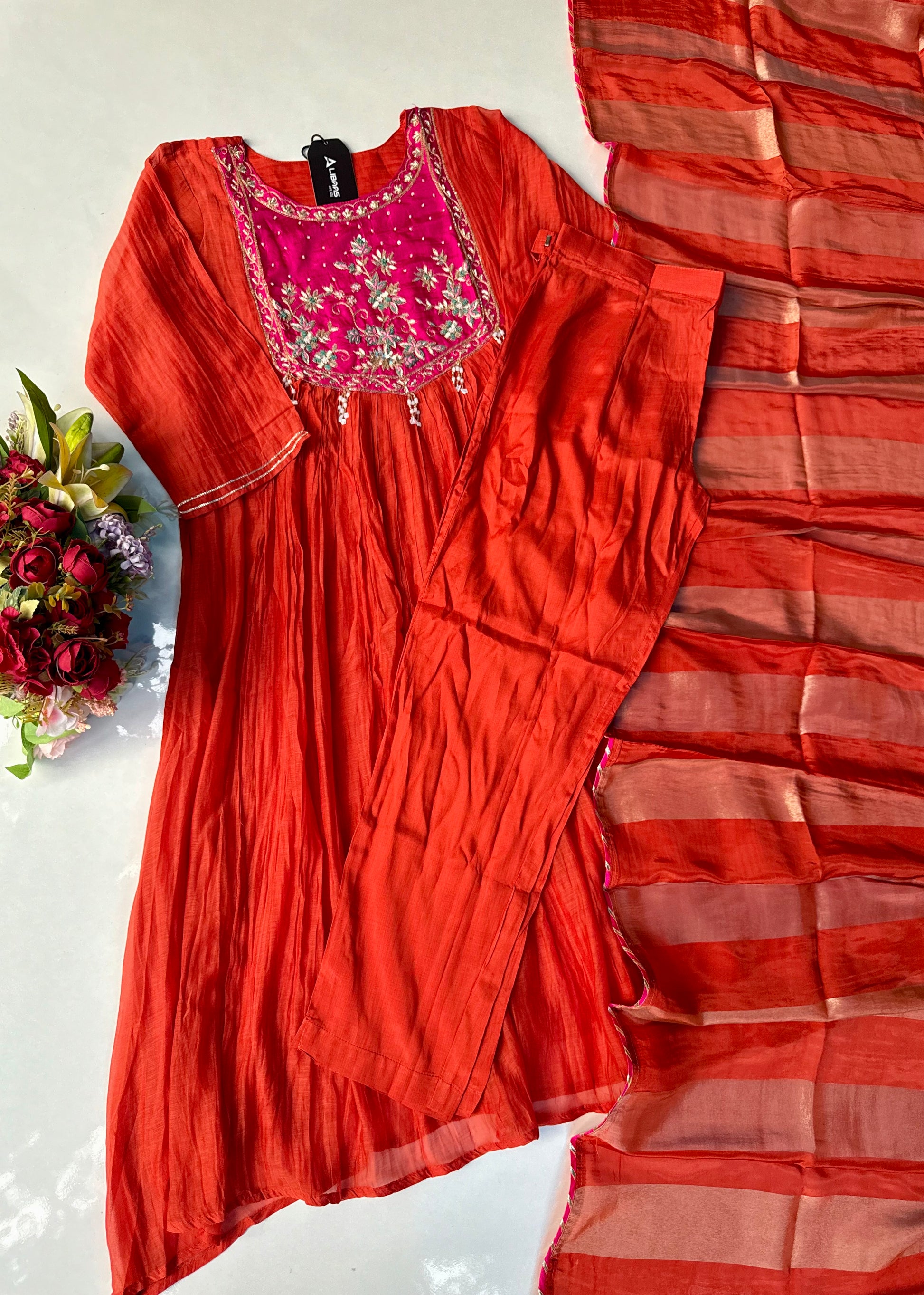 “Deep” Premium Rust Orange Mul Chanderi Anarkali Kurta Set