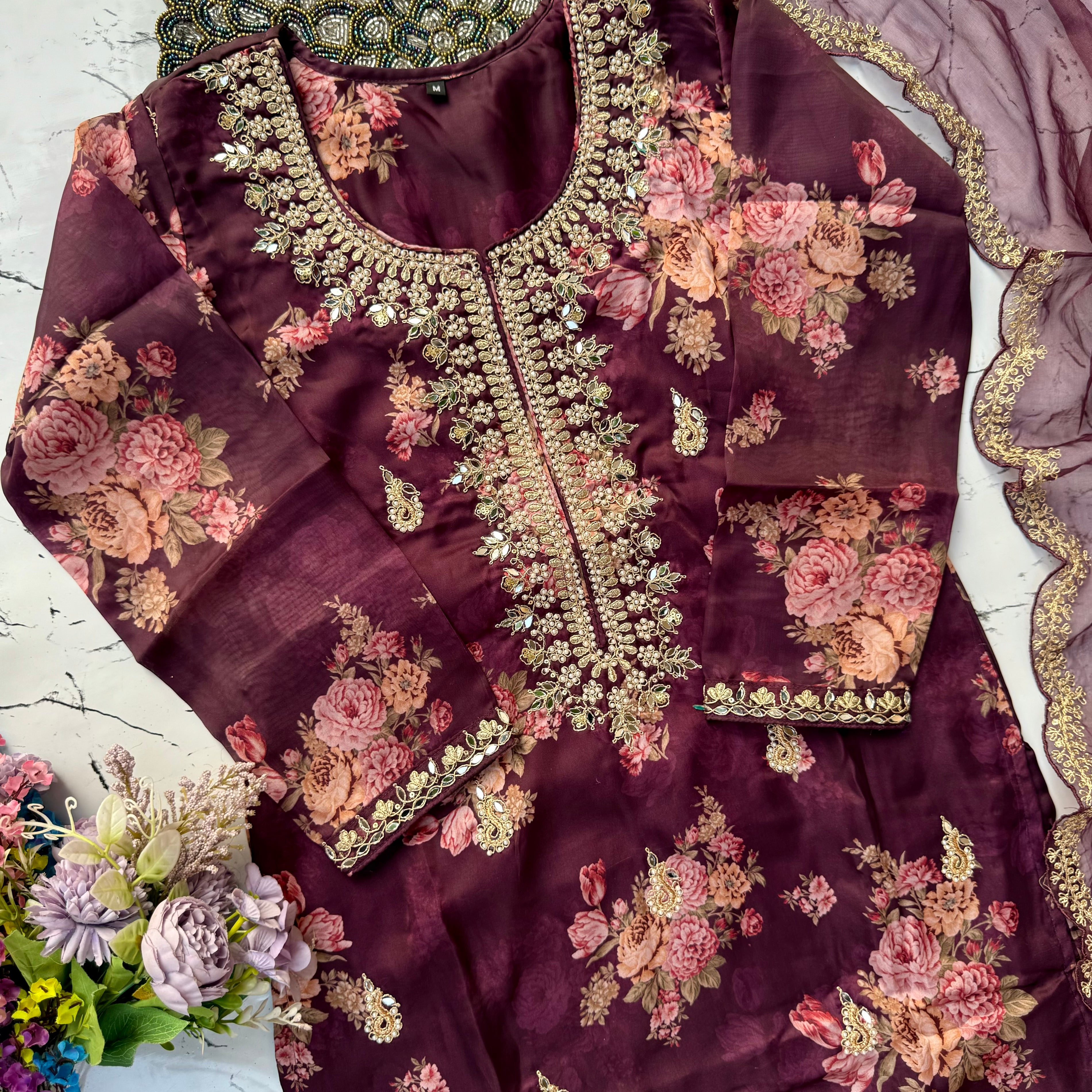 "Aditi" Wine organza printed & handwork stright kurta set