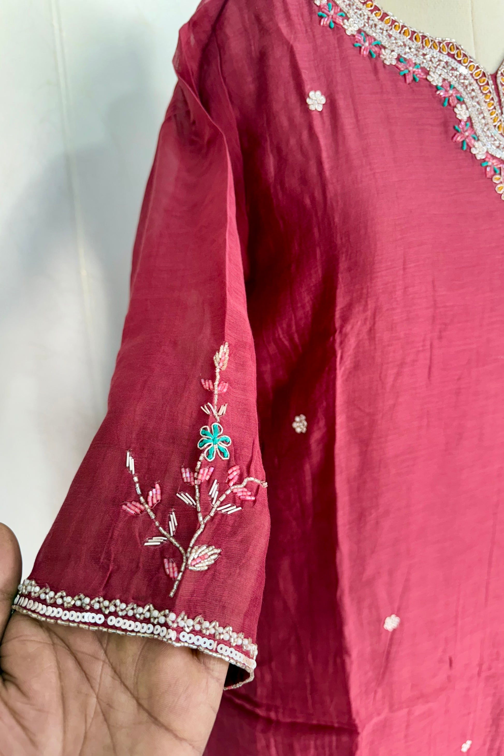“Bindiya” Deep Rose Mul Chanderi handwork kurta set