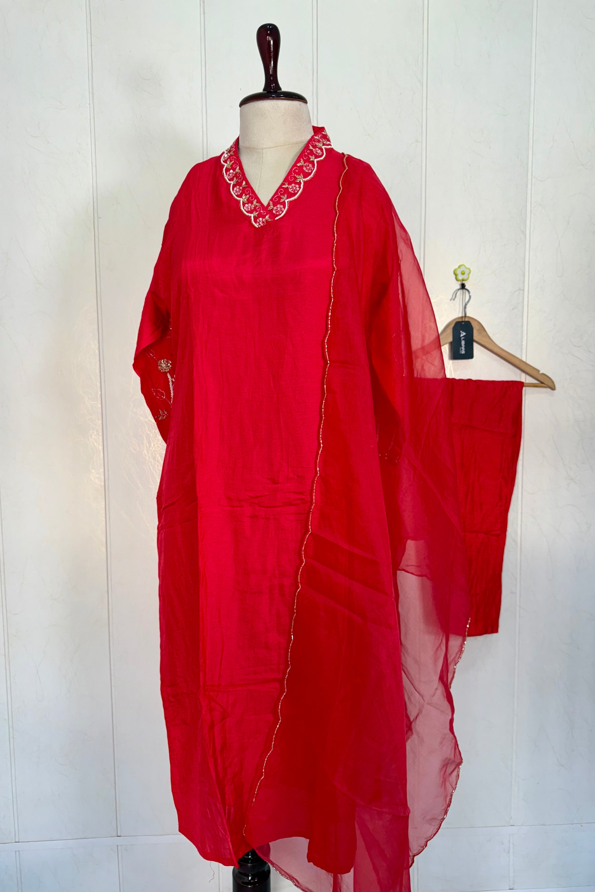 “Ivory” Beautiful Red Dola silk handcrafted kurta set