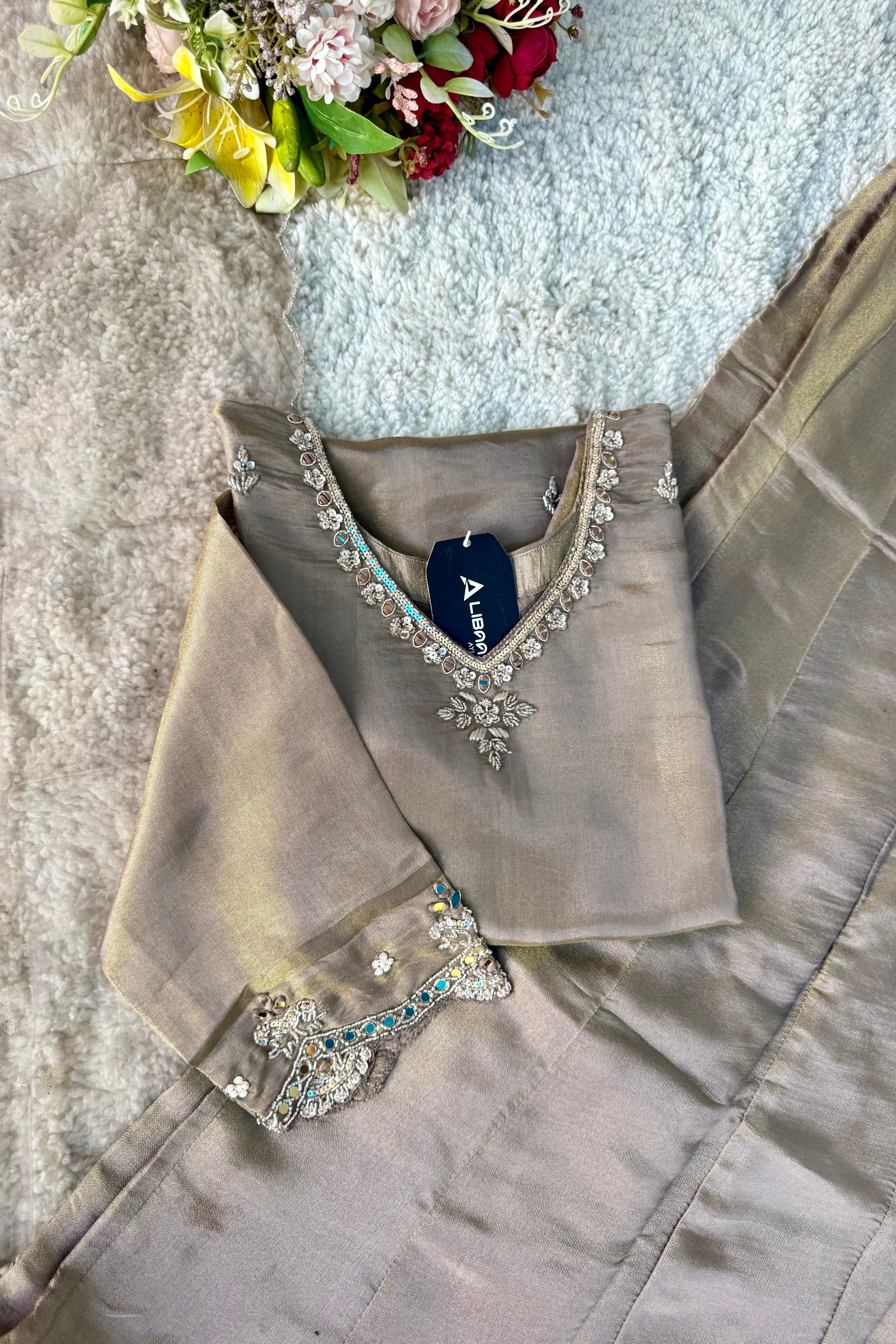 ✨Az002- Champagne Gold Tissue Divider Sharara Suit