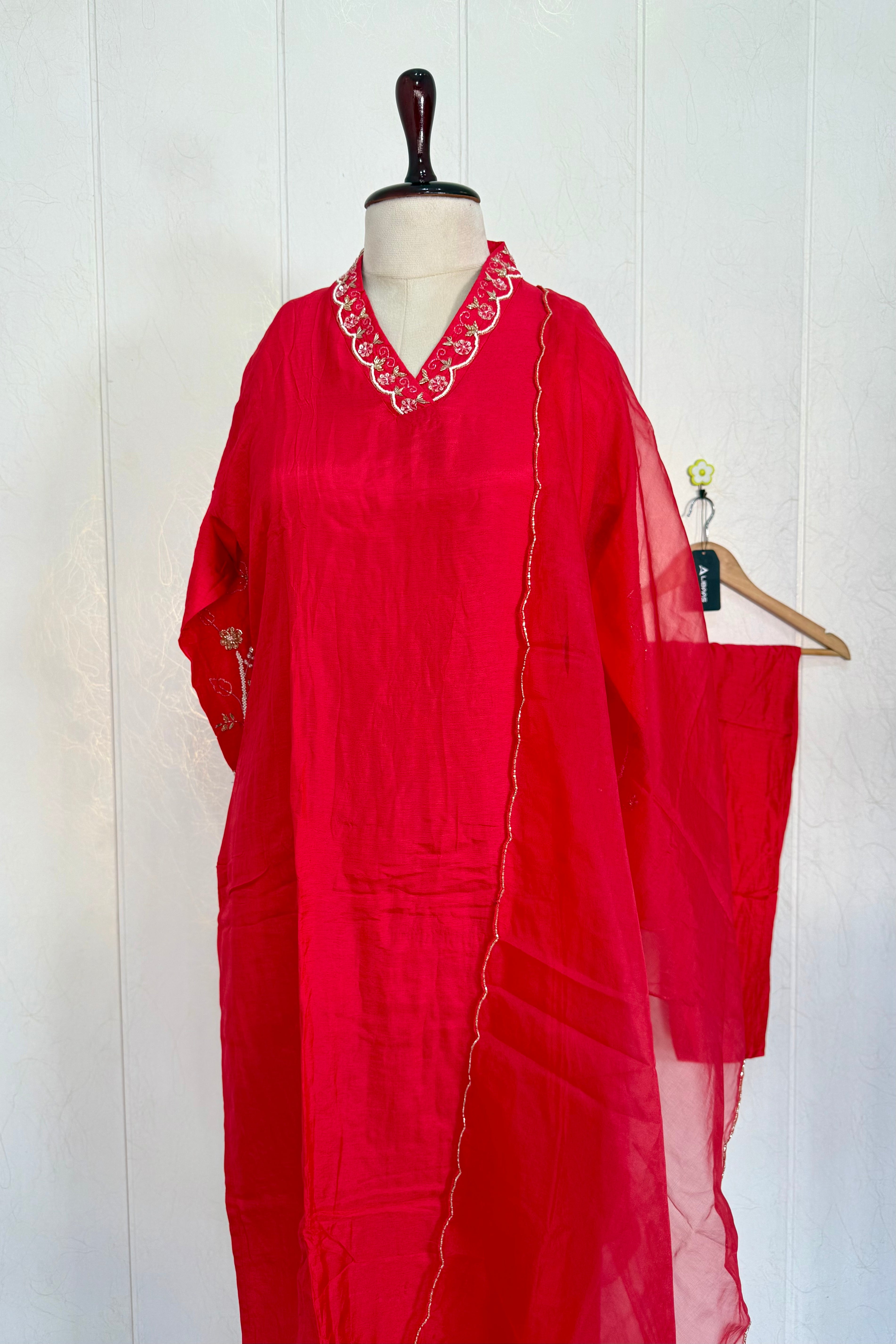 “Ivory” Beautiful Red Dola silk handcrafted kurta set