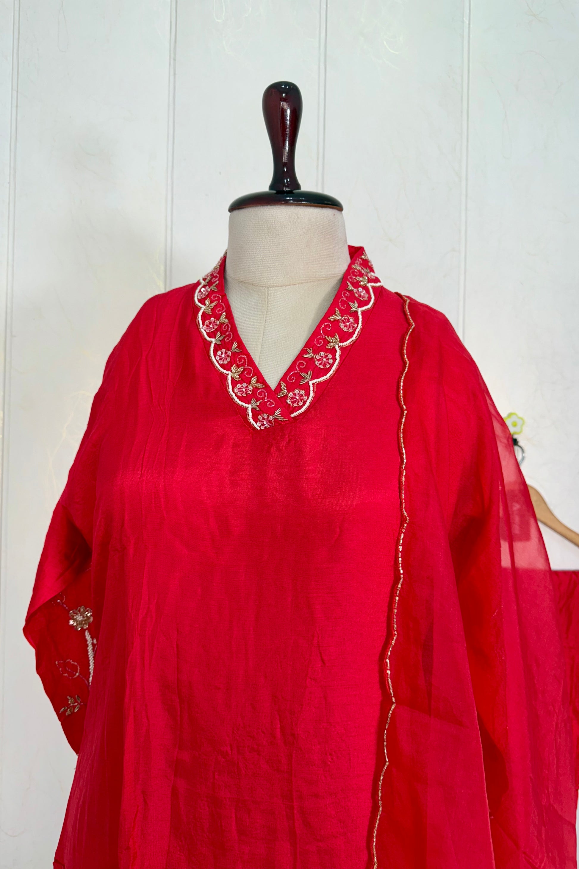 “Ivory” Beautiful Red Dola silk handcrafted kurta set