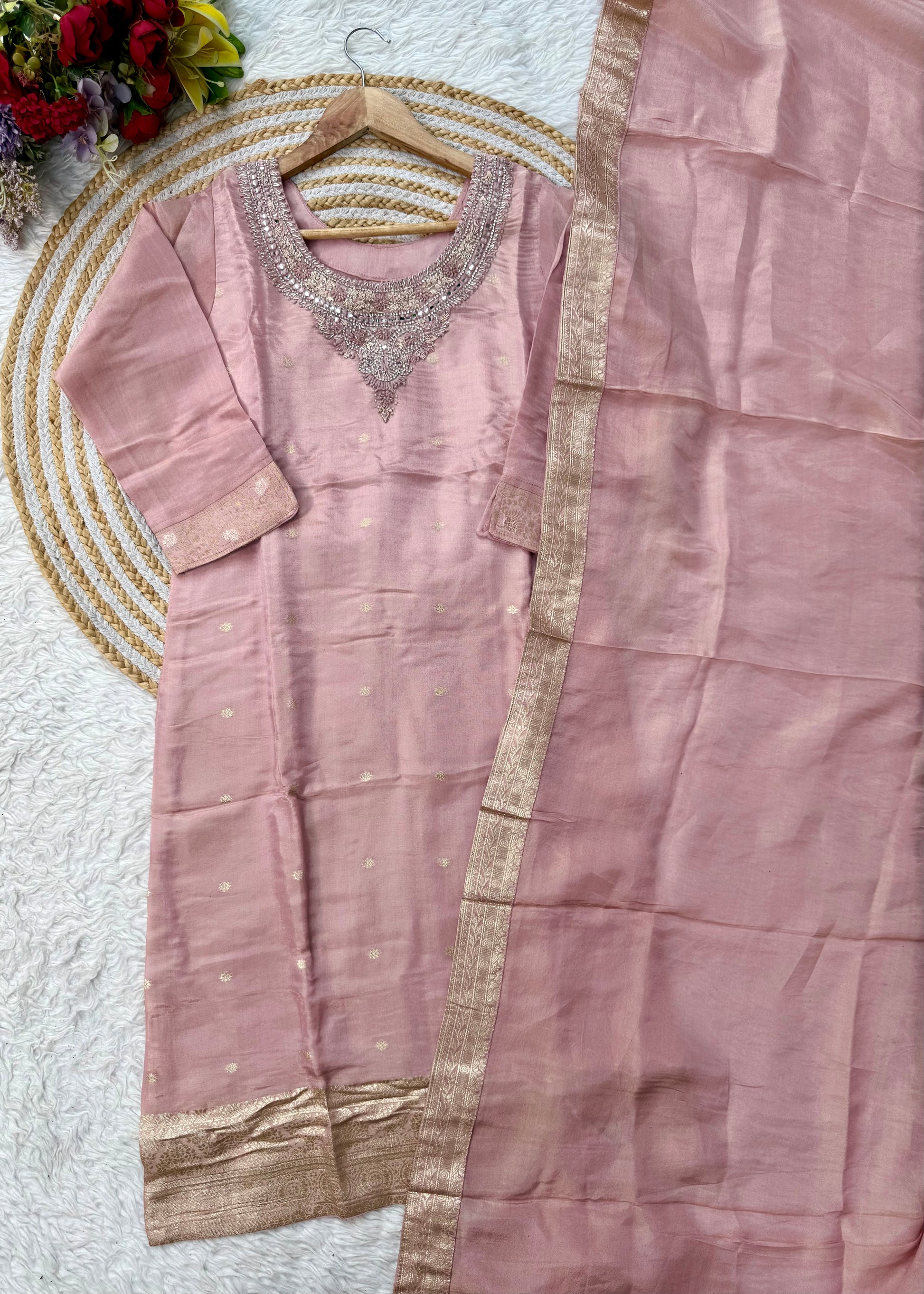 “IRYA” Party wear handcrafted tissue silk kurti set