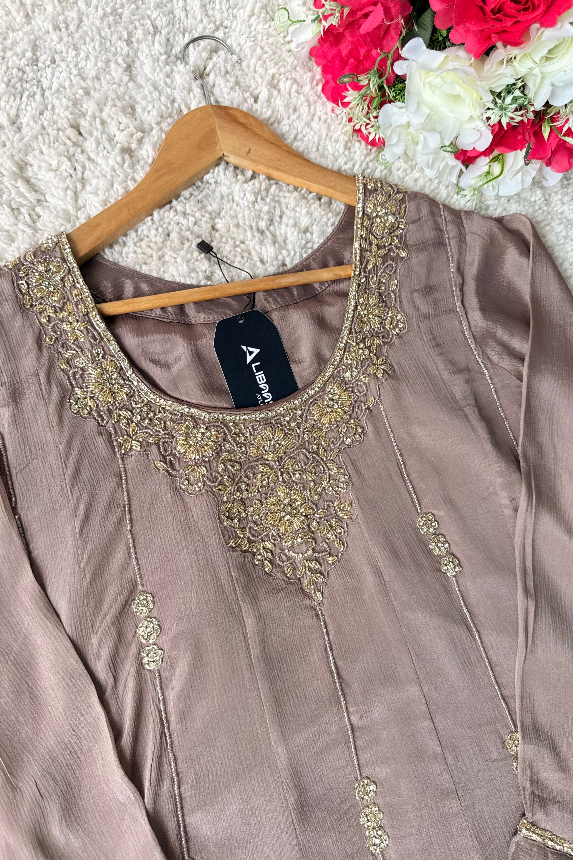 ✨Cocoa – Premium Dusty Cocoa Taupe Chinnon Anarkali suit