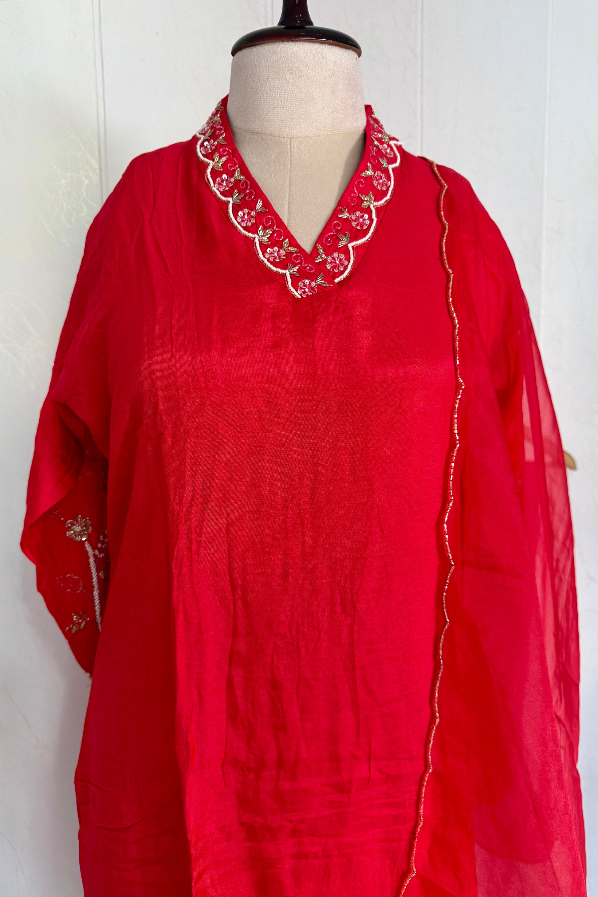 “Ivory” Beautiful Red Dola silk handcrafted kurta set