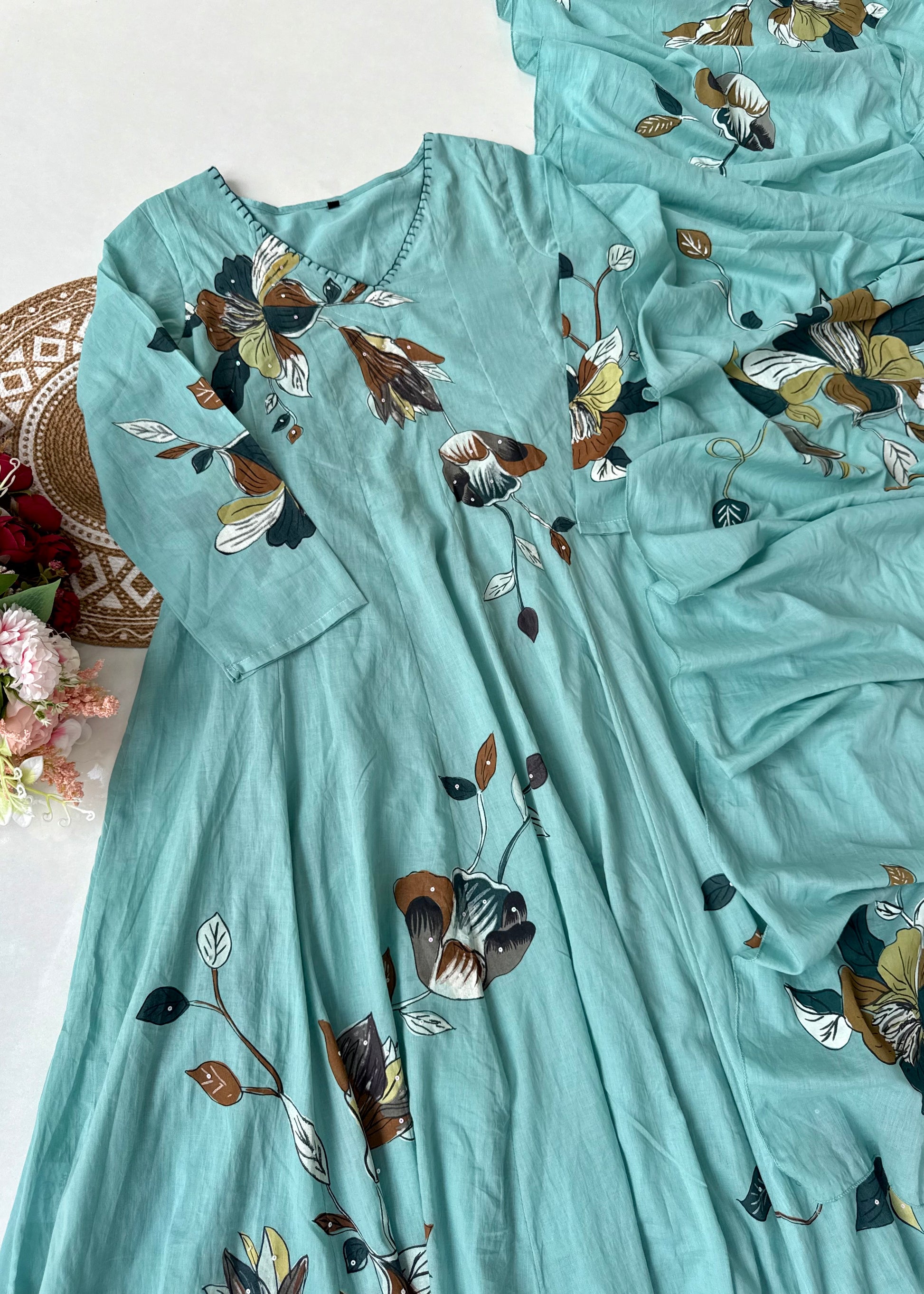 “Zoey” Premium Mulmul Hand brush print Anarkali suit