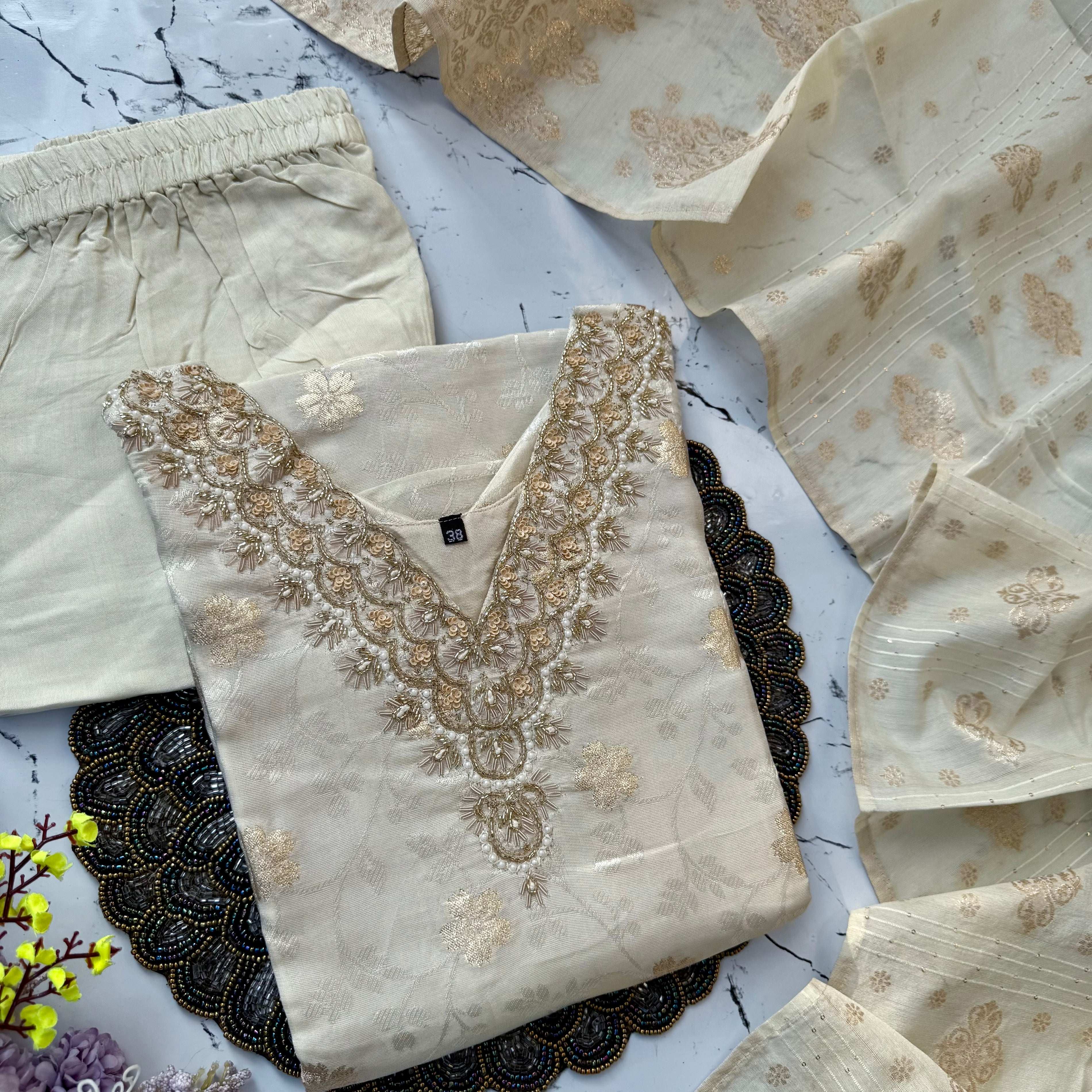 ‘’SANGINI” Beautiful off white Tissue silk kurti bottom dupatta set 🛍️