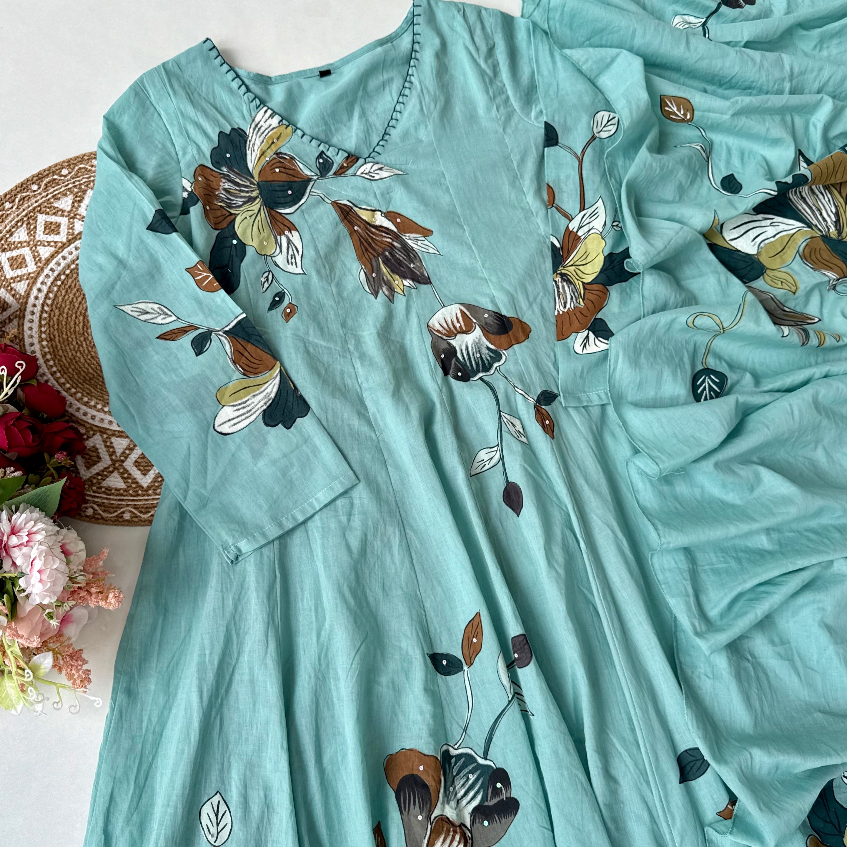 “Zoey” Premium Mulmul Hand brush print Anarkali suit