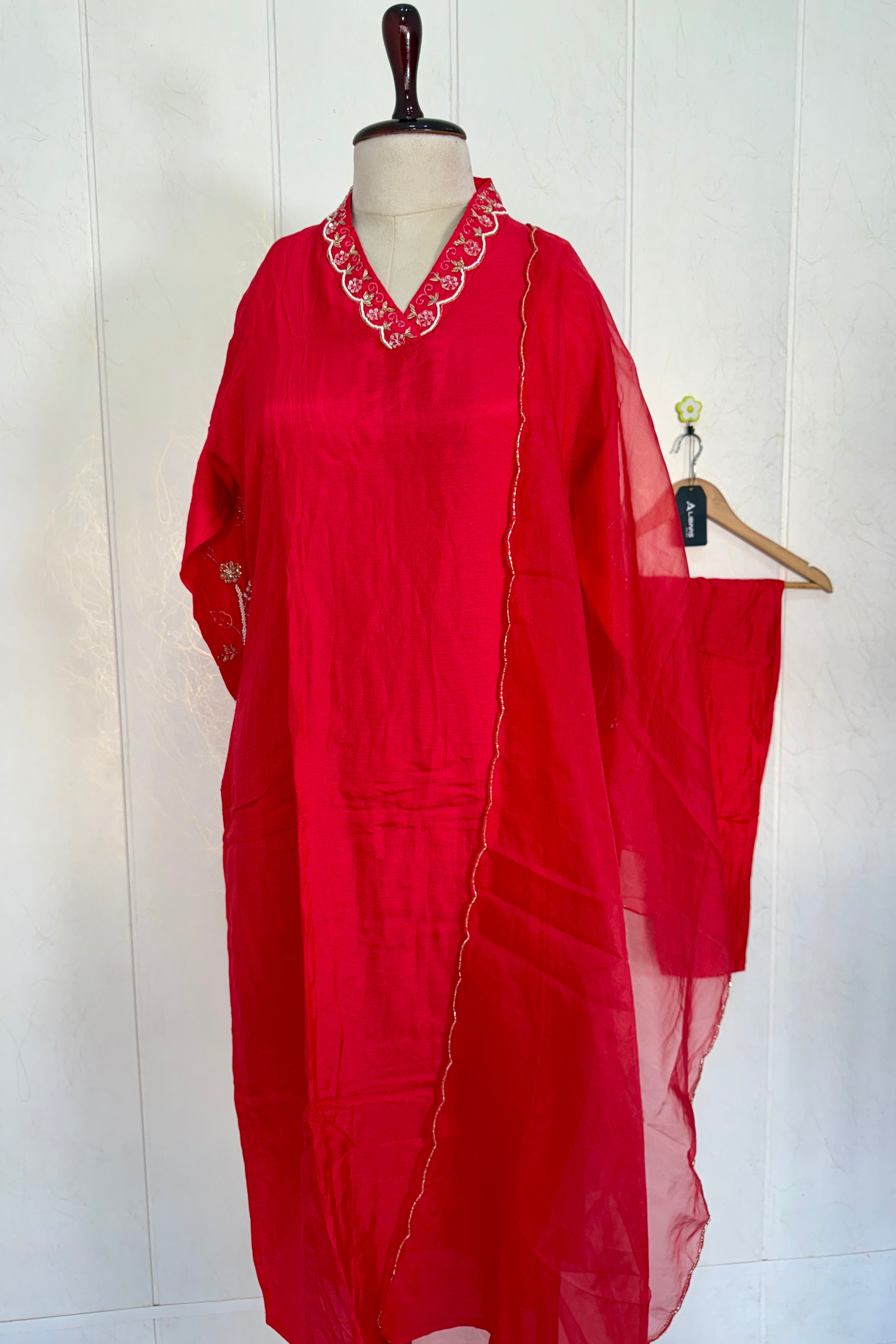 “Ivory” Beautiful Red Dola silk handcrafted kurta set