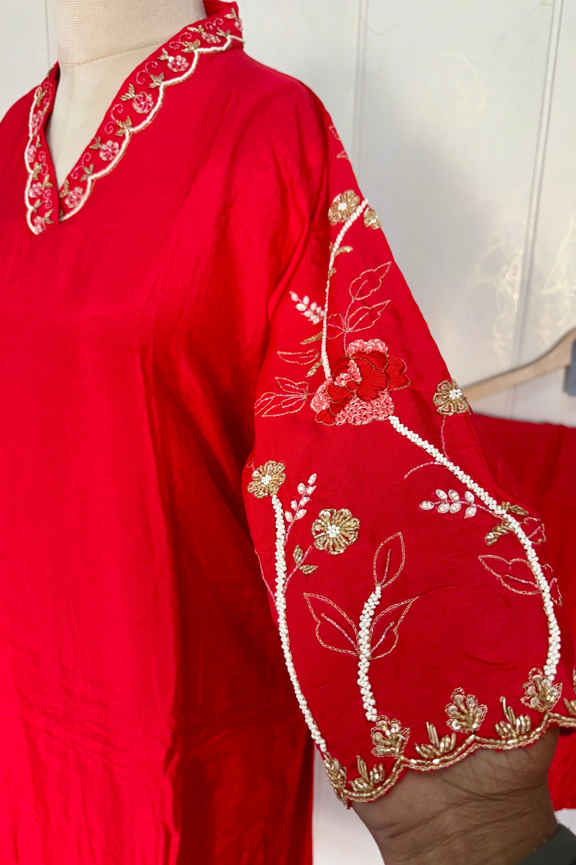 “Ivory” Beautiful Red Dola silk handcrafted kurta set
