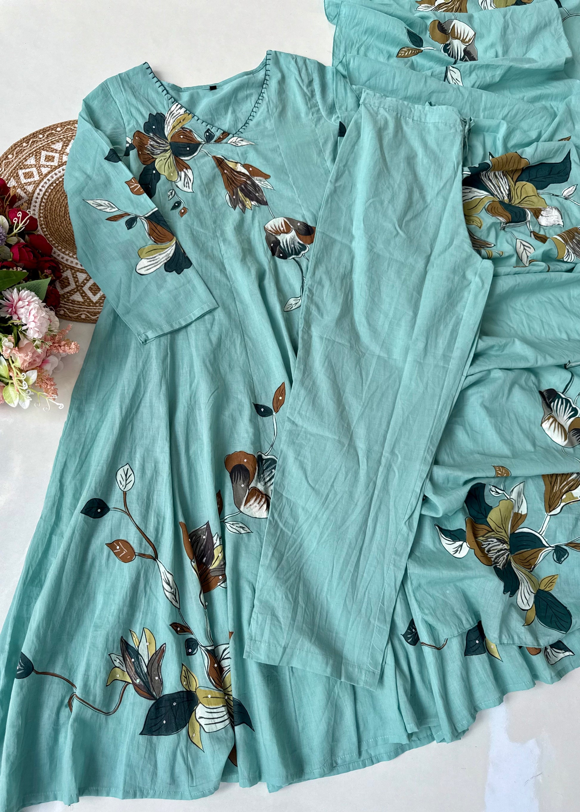 “Zoey” Premium Mulmul Hand brush print Anarkali suit