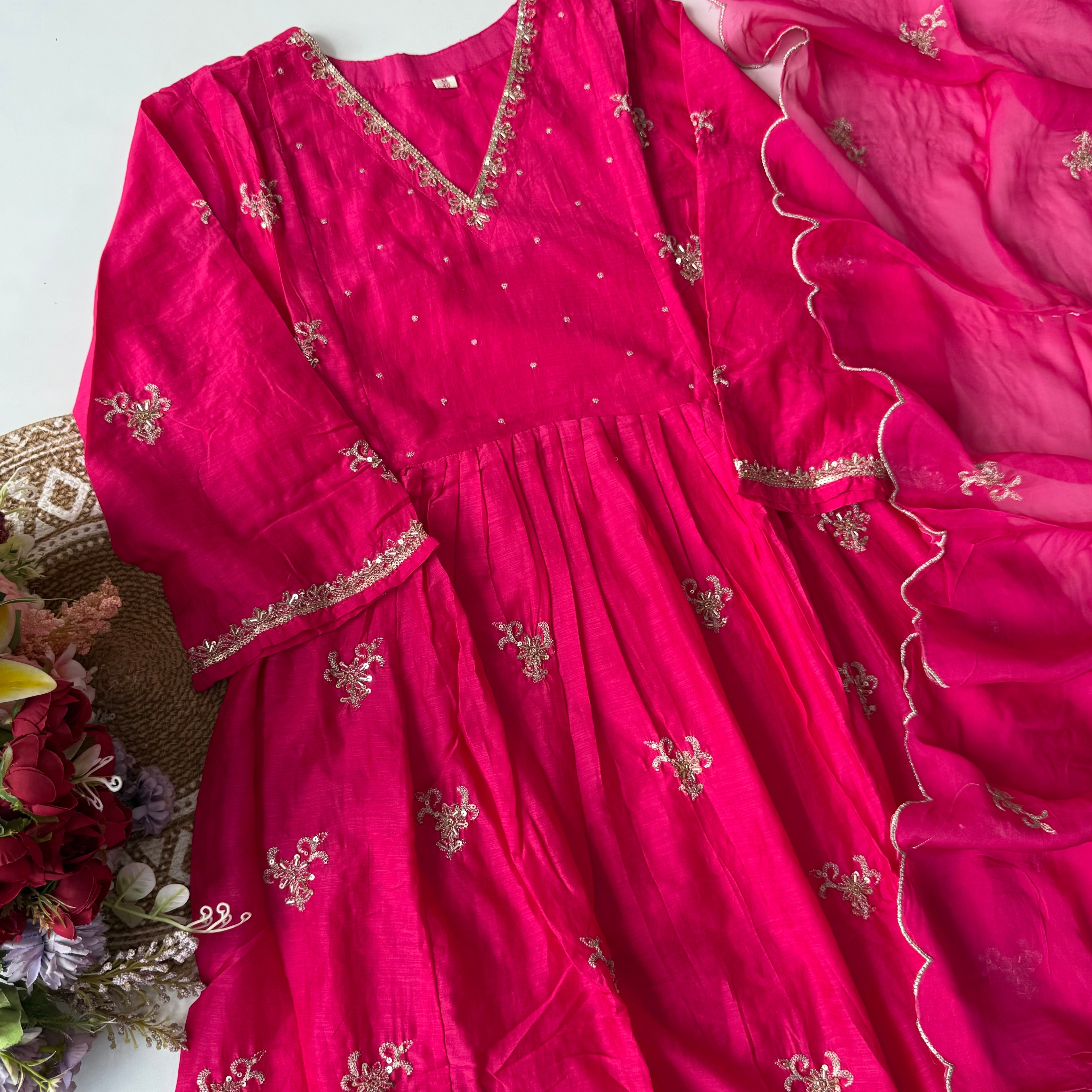 “Ishira” Premium Mul Chanderi Anarkali Kurta Set with Handwork