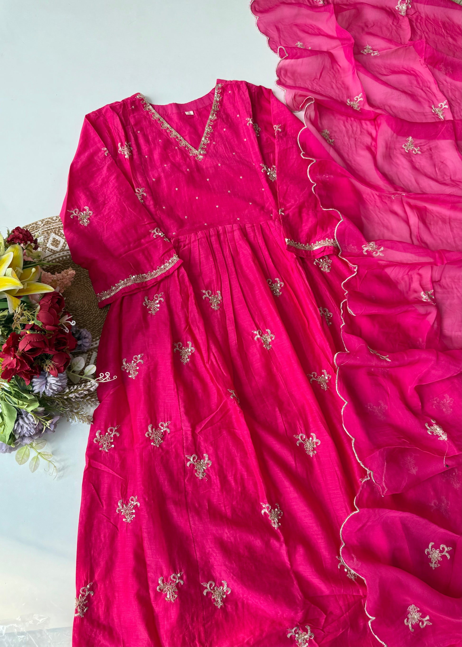 “Ishira” Premium Mul Chanderi Anarkali Kurta Set with Handwork