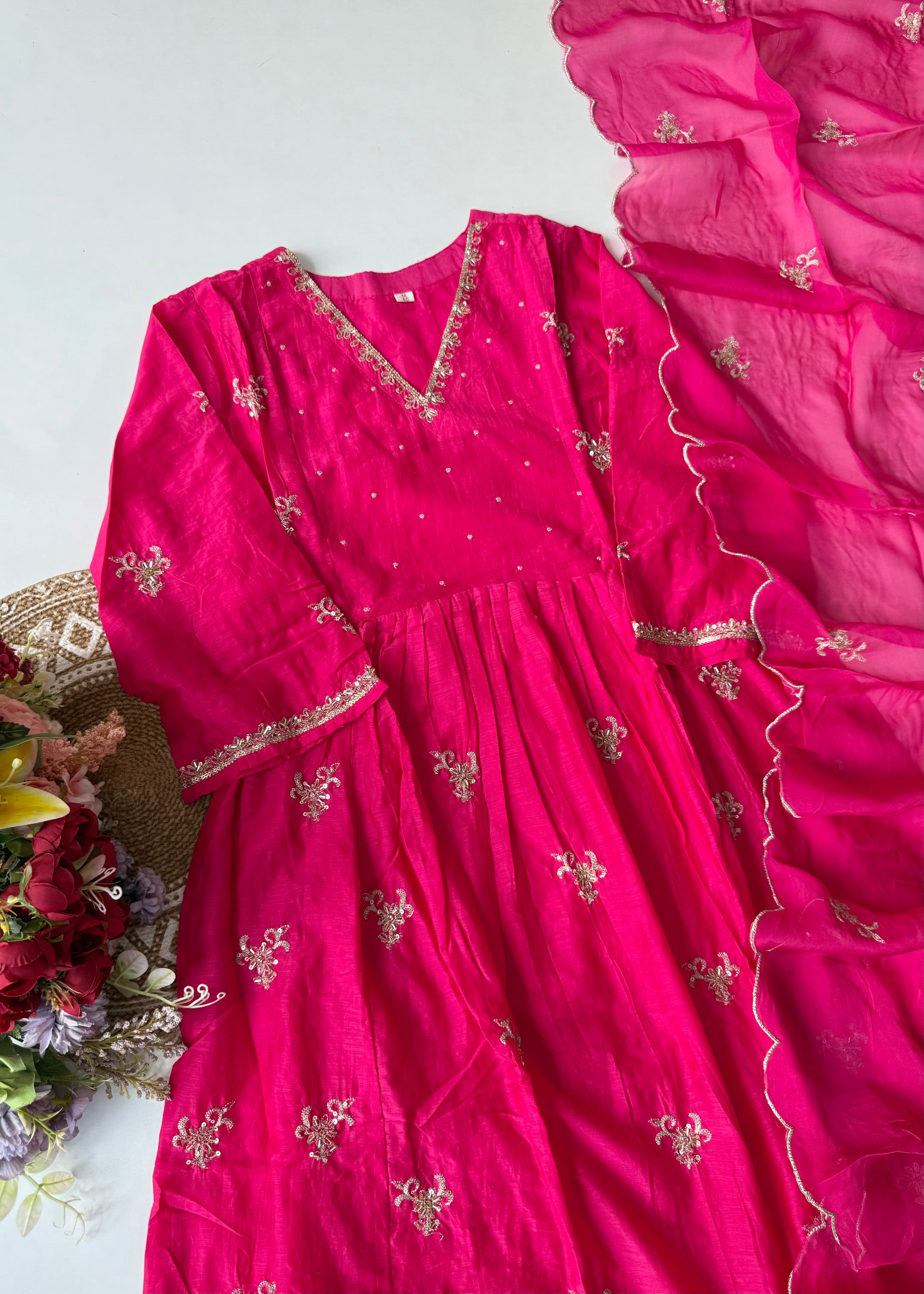“Ishira” Premium Mul Chanderi Anarkali Kurta Set with Handwork