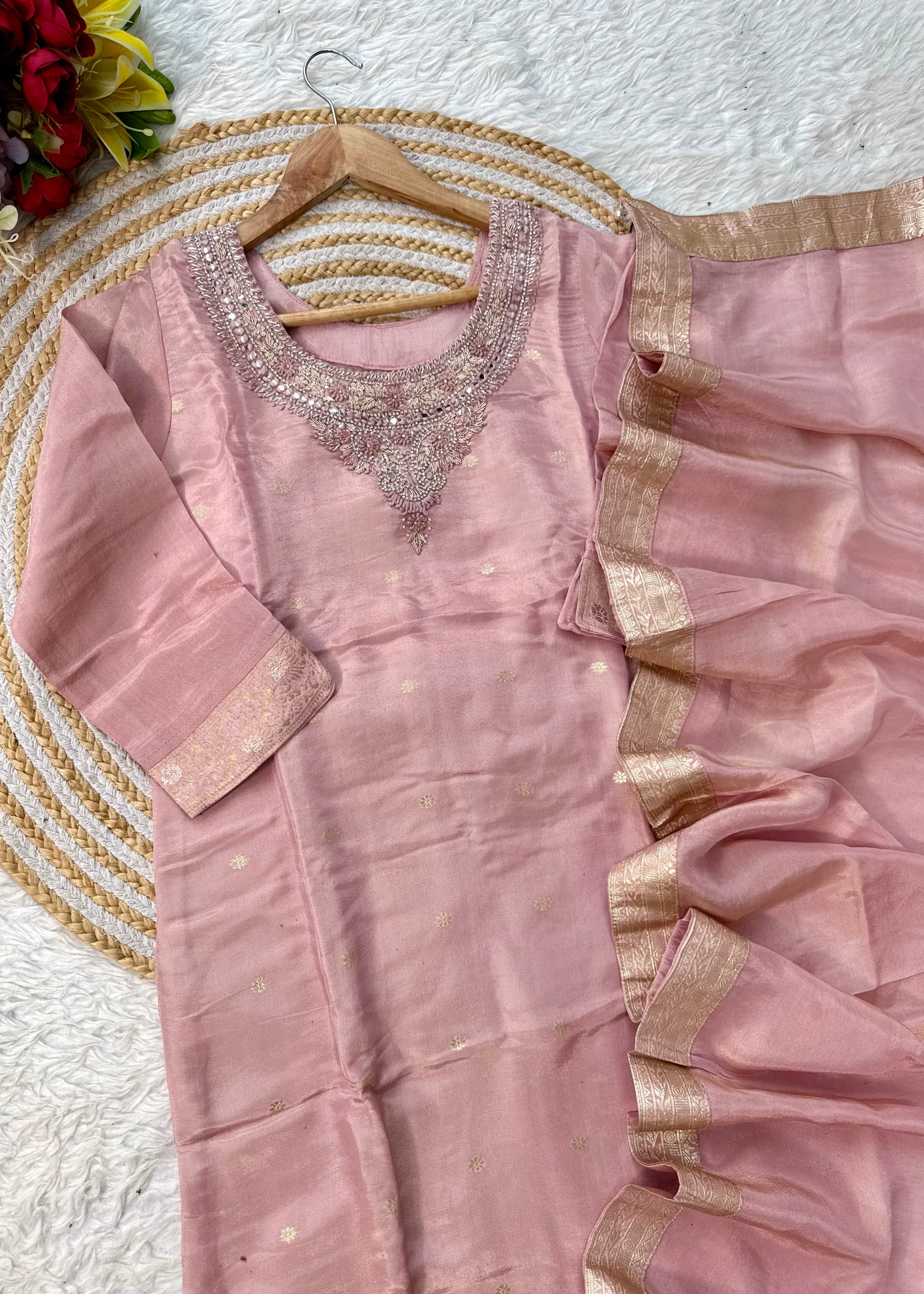 “IRYA” Party wear handcrafted tissue silk kurti set