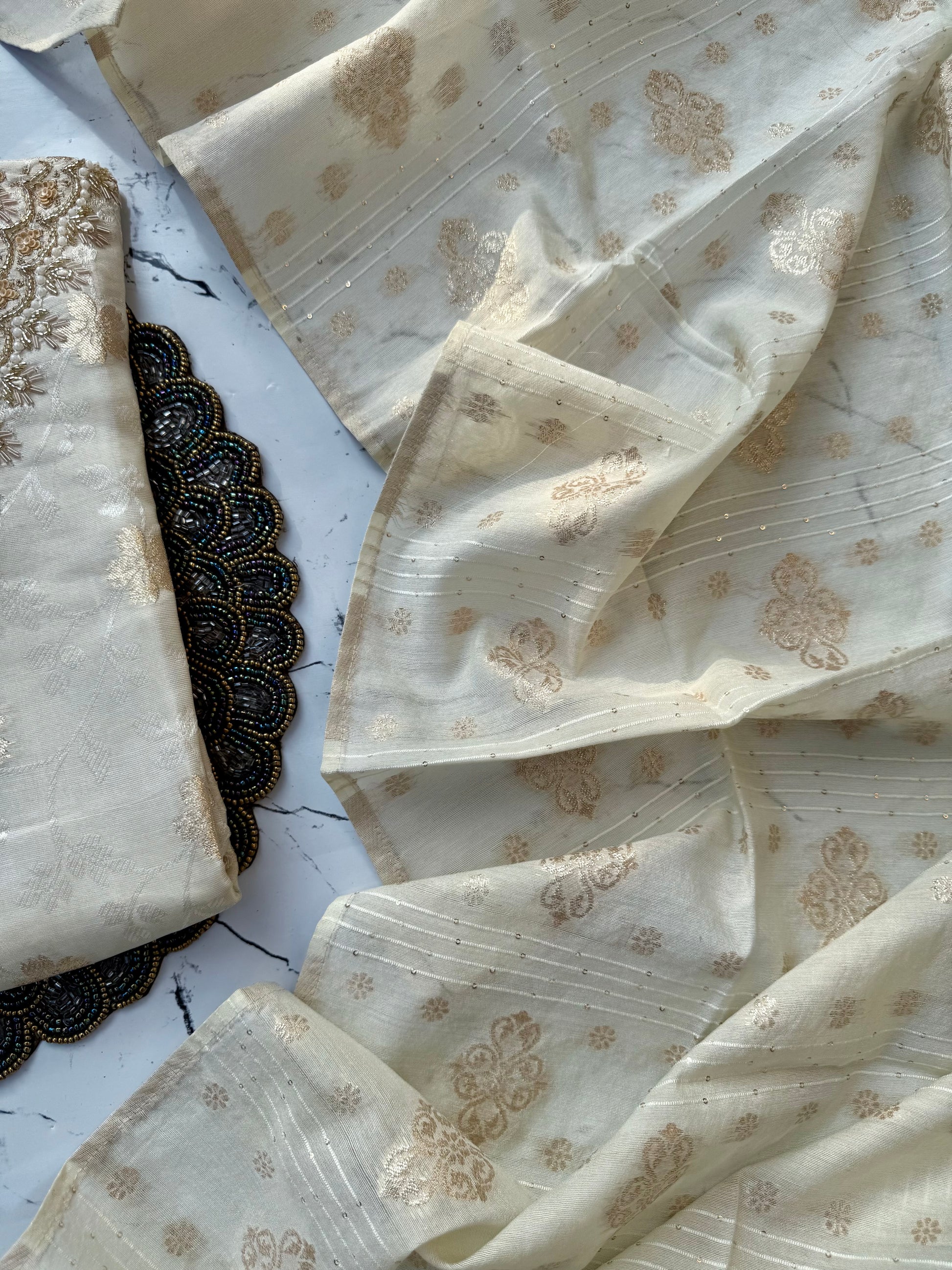 ‘’SANGINI” Beautiful off white Tissue silk kurti bottom dupatta set 🛍️