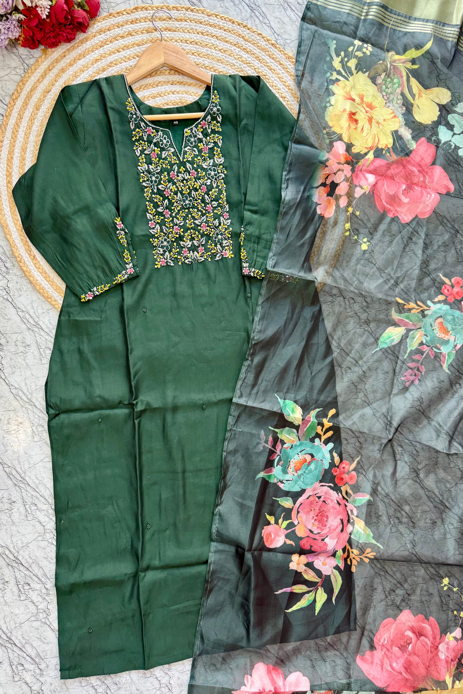 “AMALA” Premium roman silk handcrafted kurti set