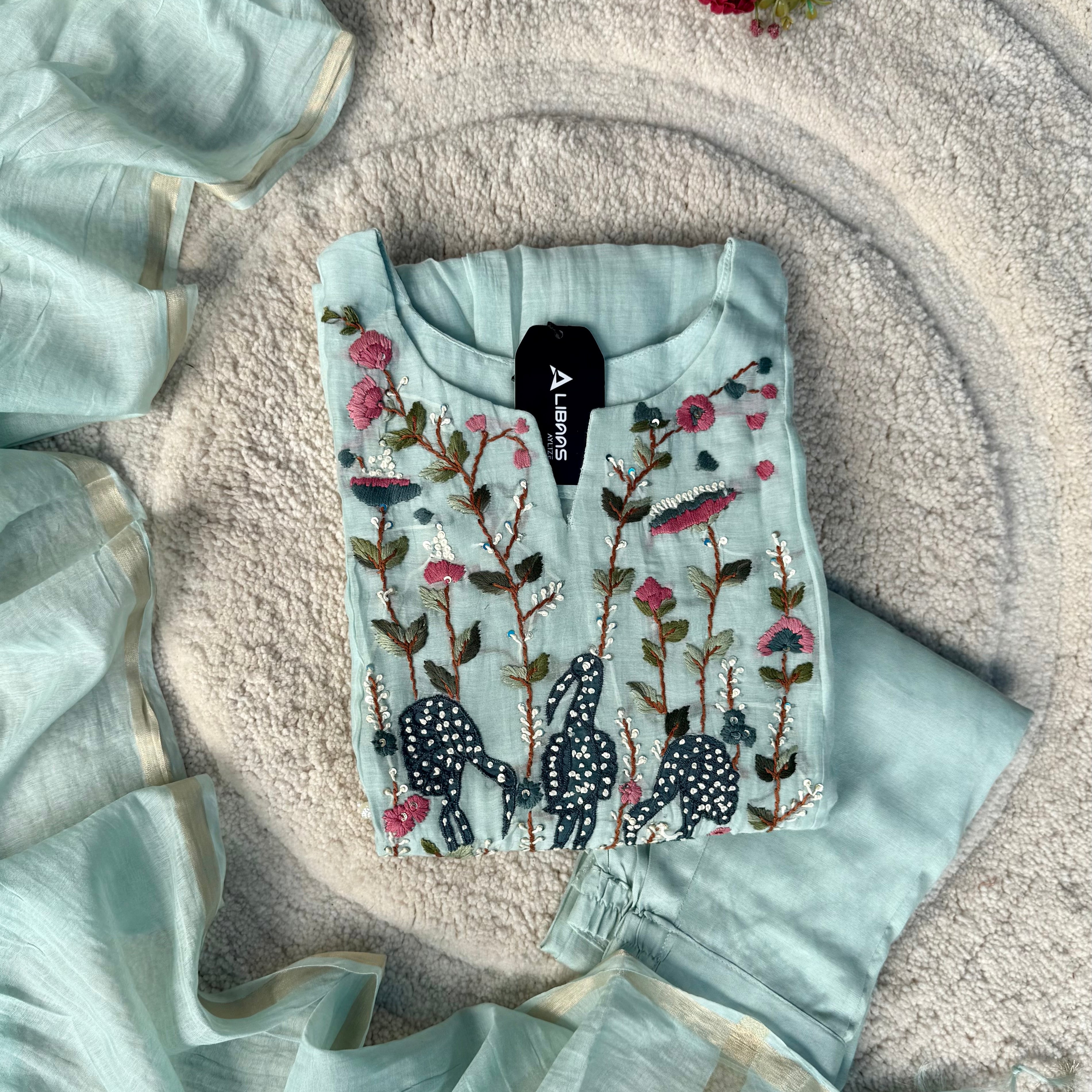 “Blush” Aqua Blue Mul Chanderi Anarkali Suit Set