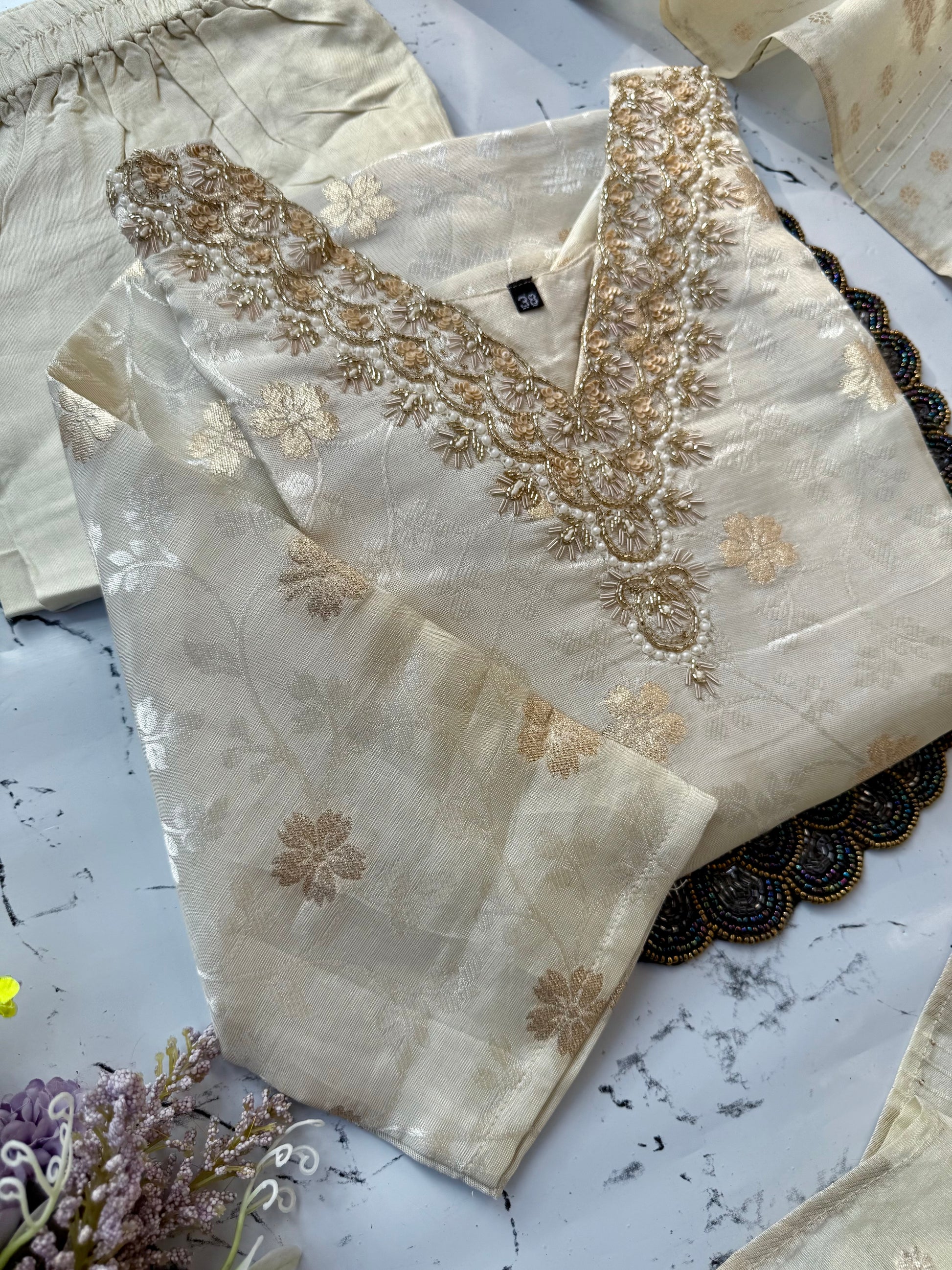 ‘’SANGINI” Beautiful off white Tissue silk kurti bottom dupatta set 🛍️