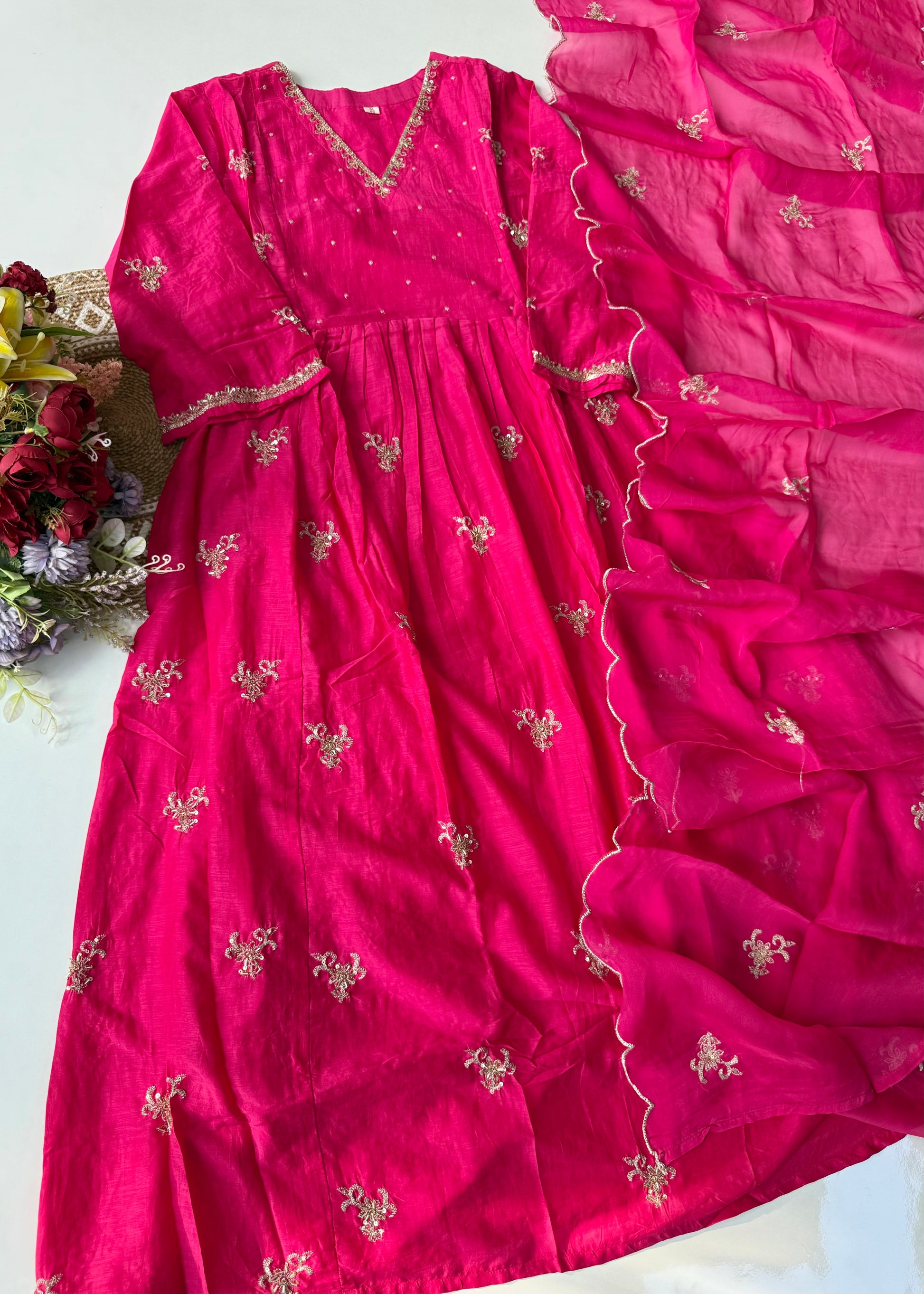 “Ishira” Premium Mul Chanderi Anarkali Kurta Set with Handwork