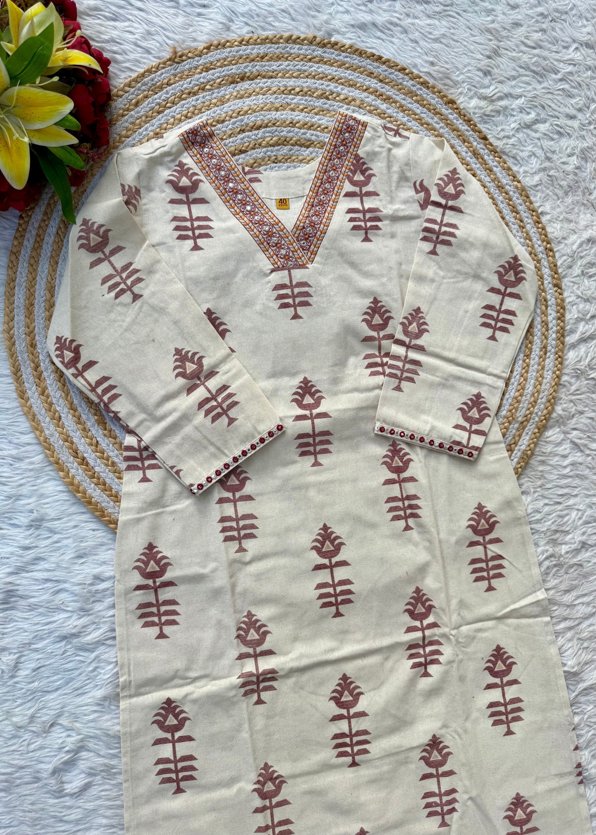 “MISHA" Premium cotton Mirror work kurti pant set