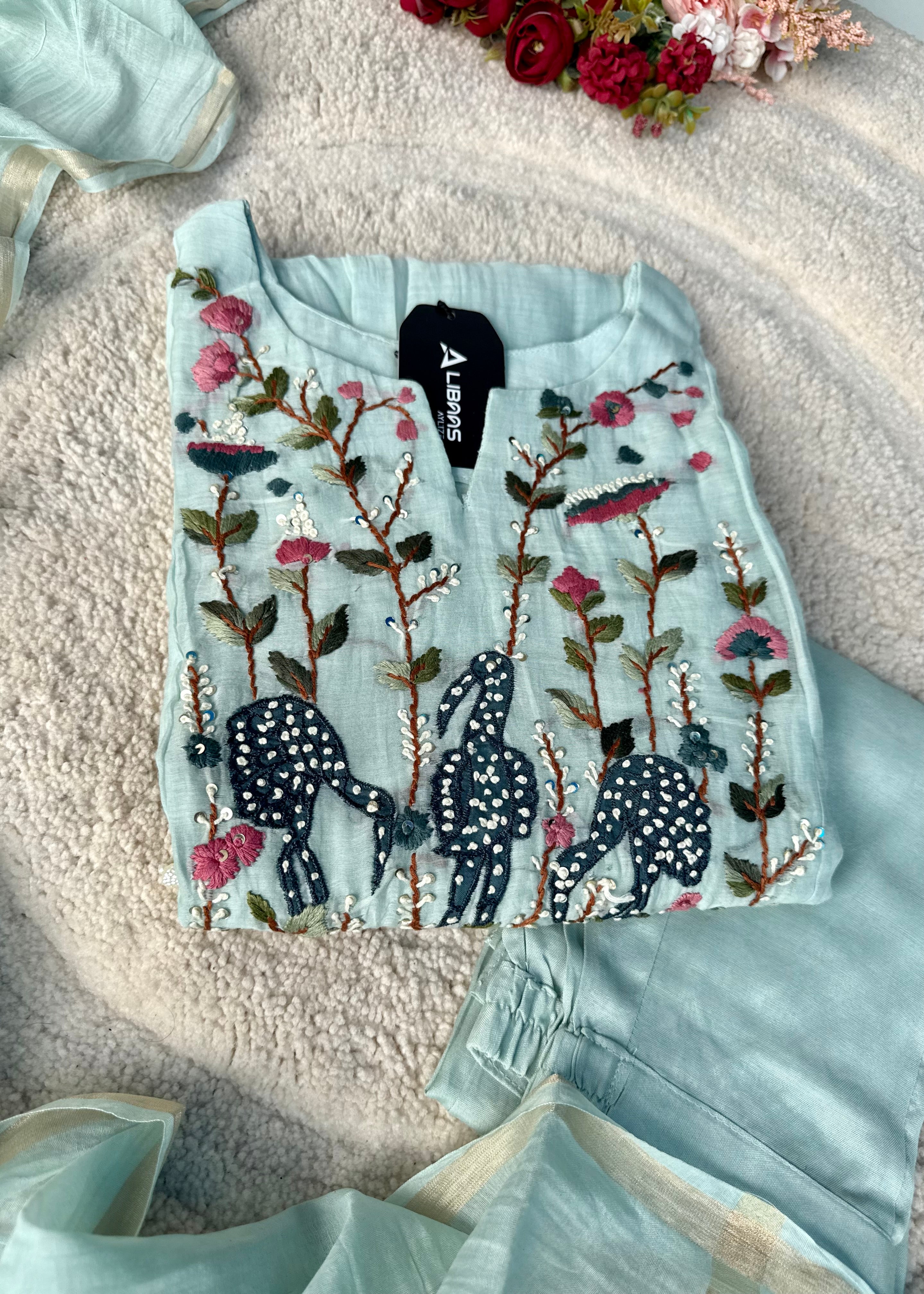 “Blush” Aqua Blue Mul Chanderi Anarkali Suit Set