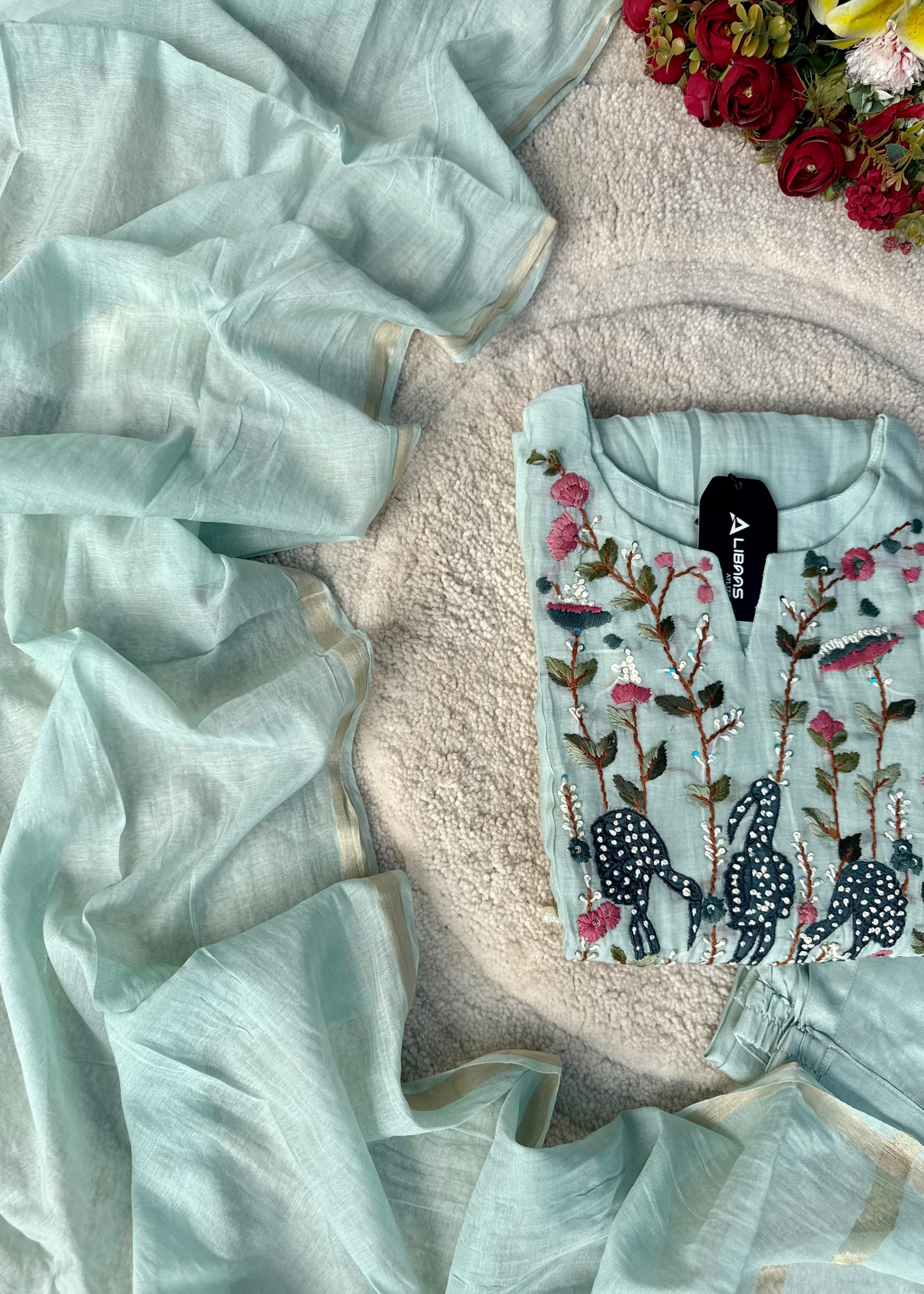 “Blush” Aqua Blue Mul Chanderi Anarkali Suit Set