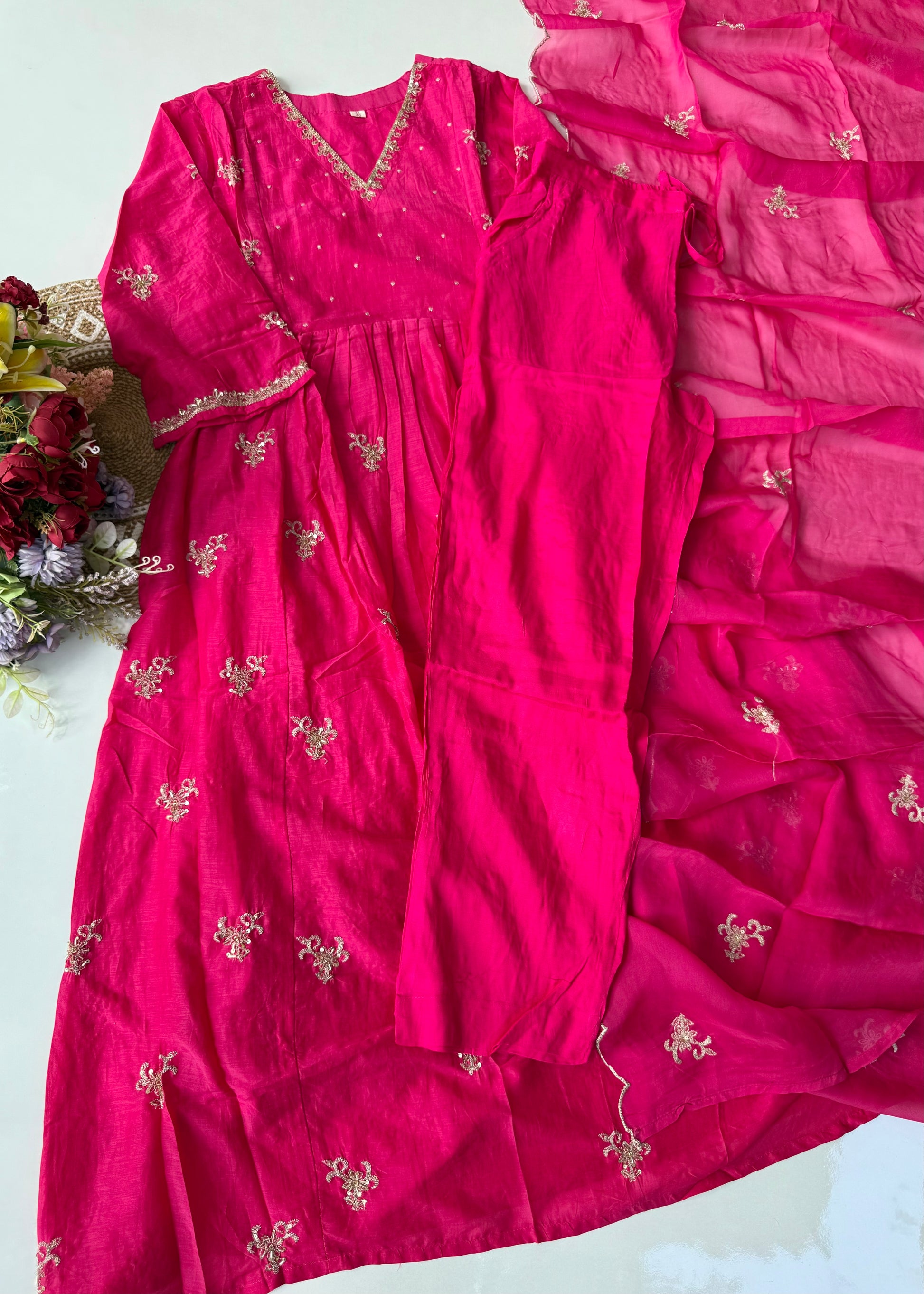 “Ishira” Premium Mul Chanderi Anarkali Kurta Set with Handwork