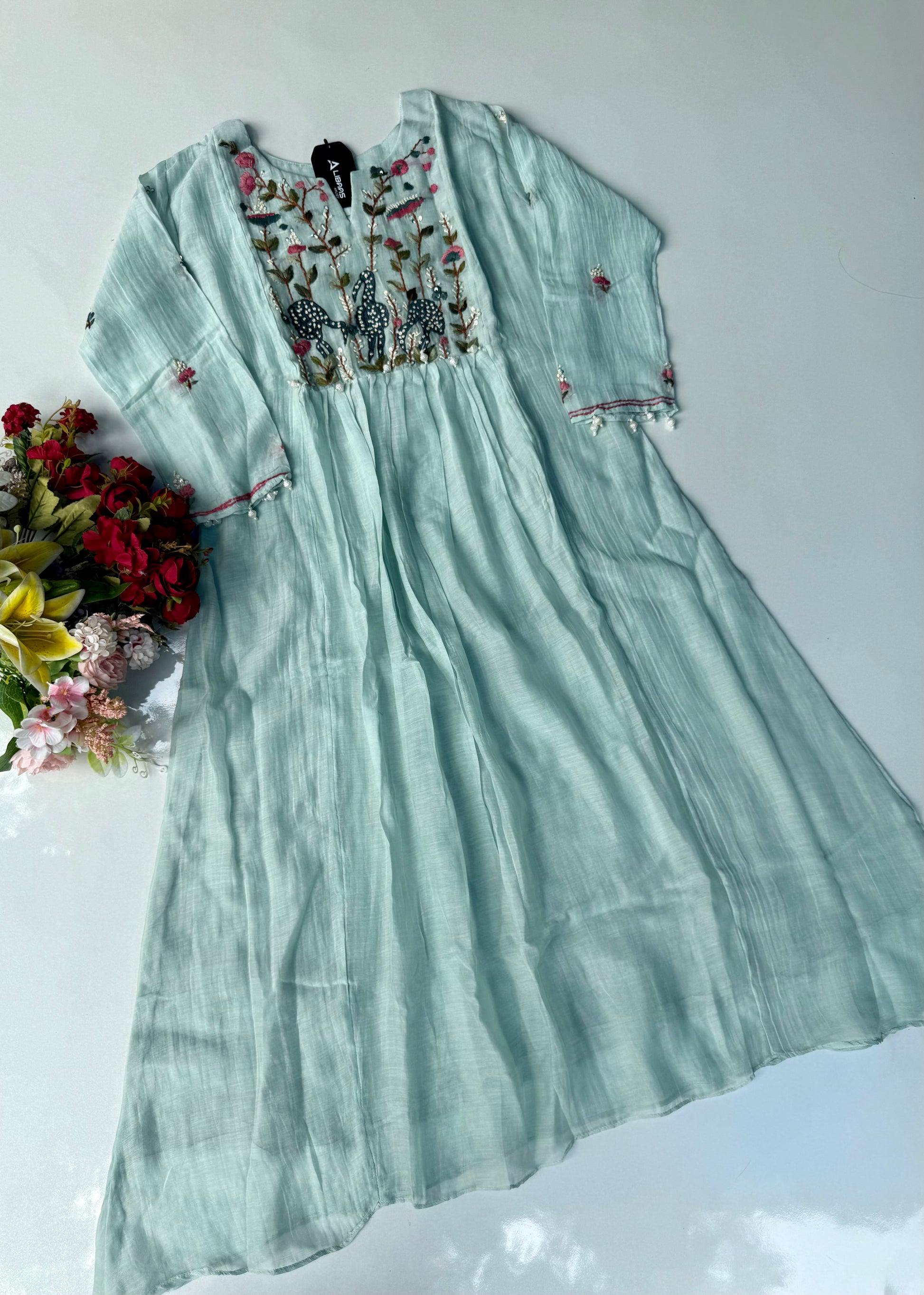 “Blush” Aqua Blue Mul Chanderi Anarkali Suit Set