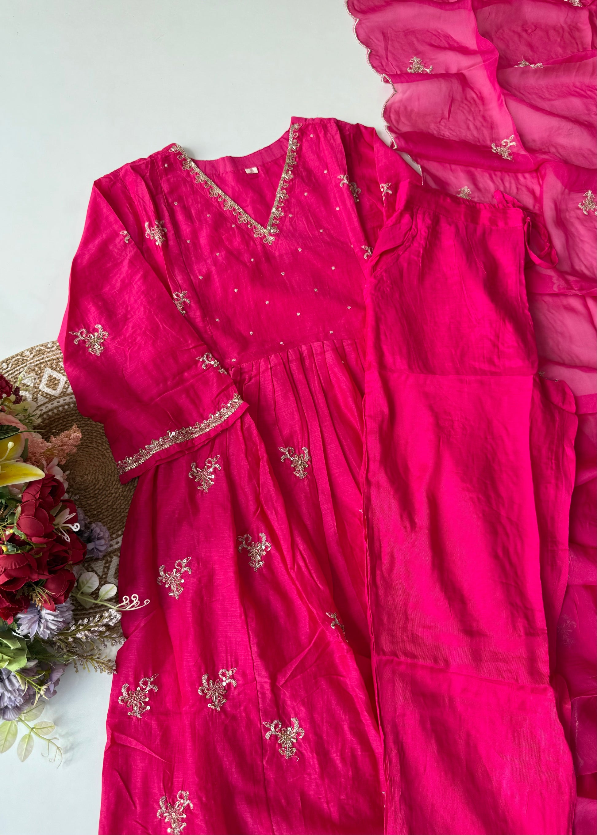 “Ishira” Premium Mul Chanderi Anarkali Kurta Set with Handwork
