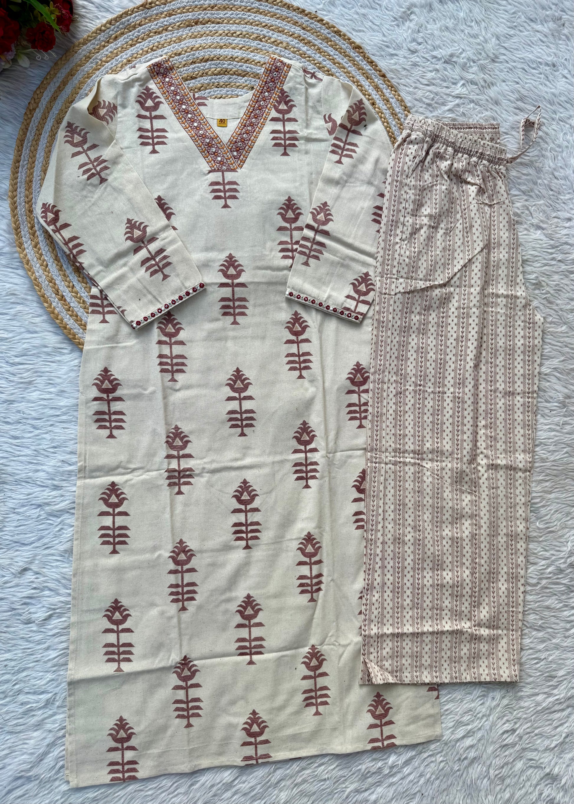 “MISHA" Premium cotton Mirror work kurti pant set