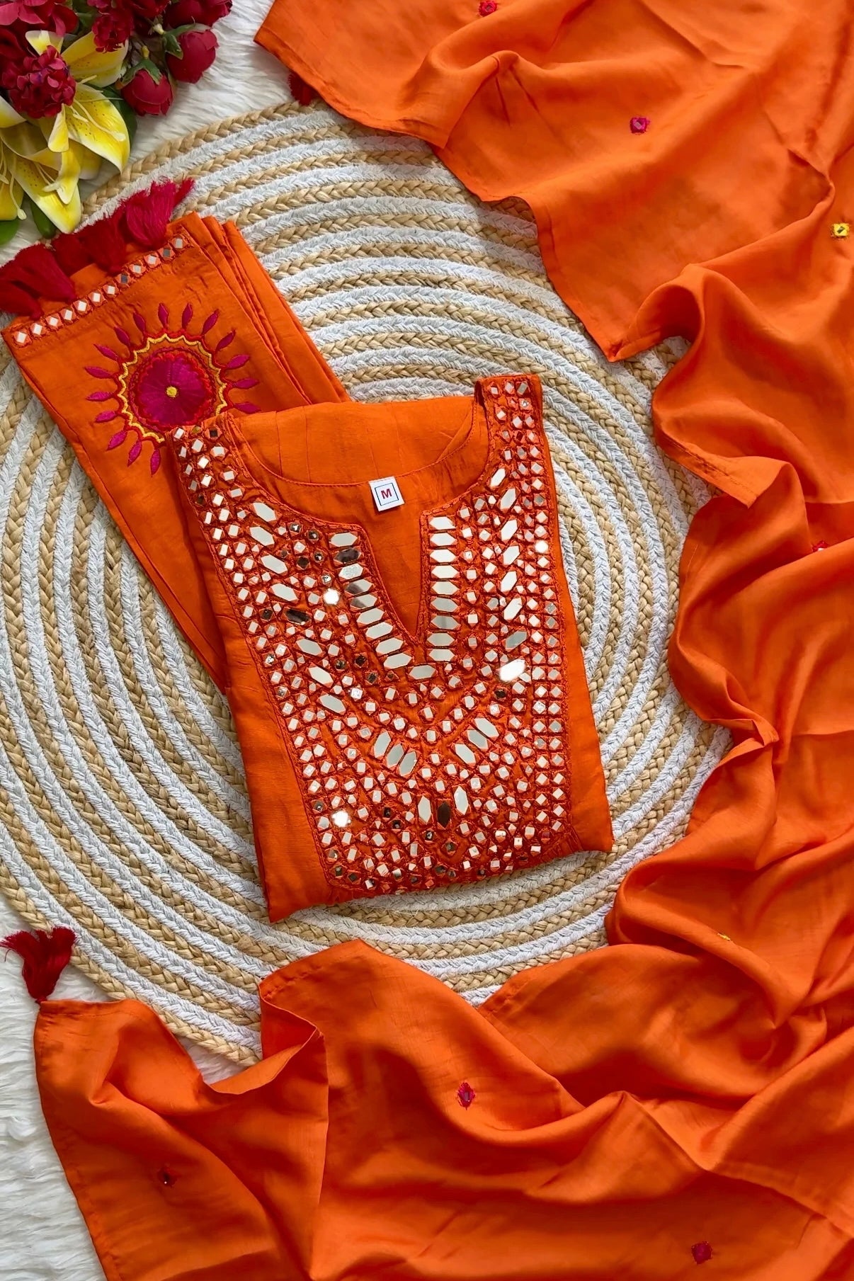 “JASMINE” Premium Mul Chanderi mirror work anarkali suit set