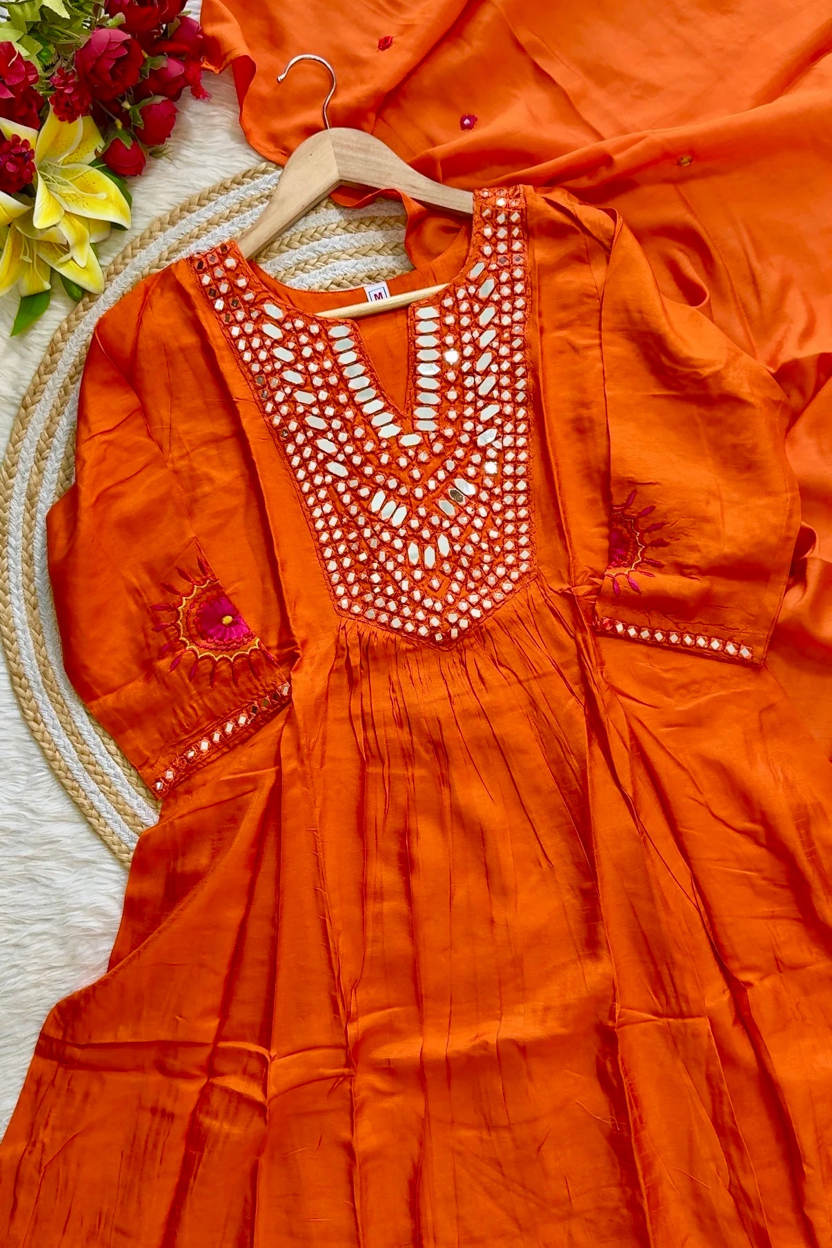 “JASMINE” Premium Mul Chanderi mirror work anarkali suit set