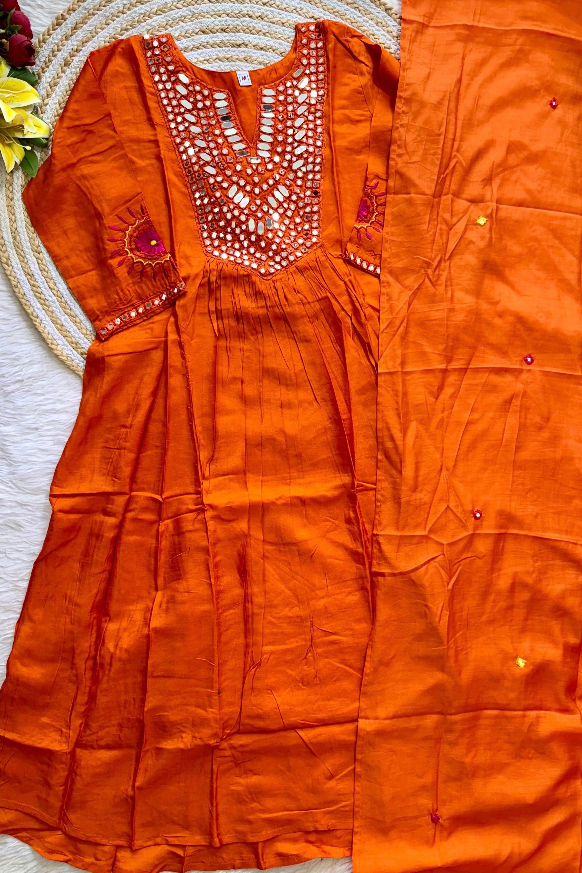 “JASMINE” Premium Mul Chanderi mirror work anarkali suit set