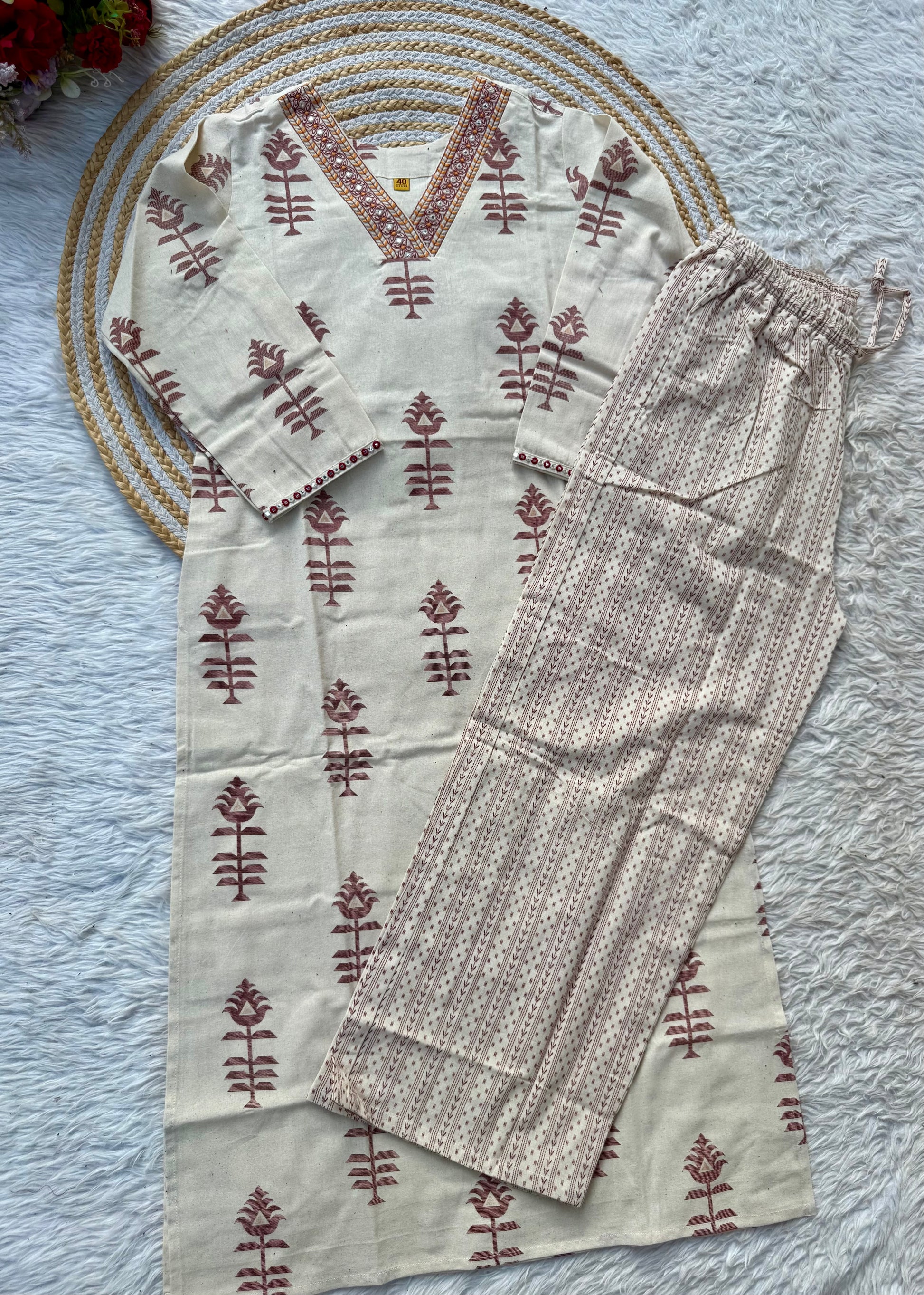 “MISHA" Premium cotton Mirror work kurti pant set