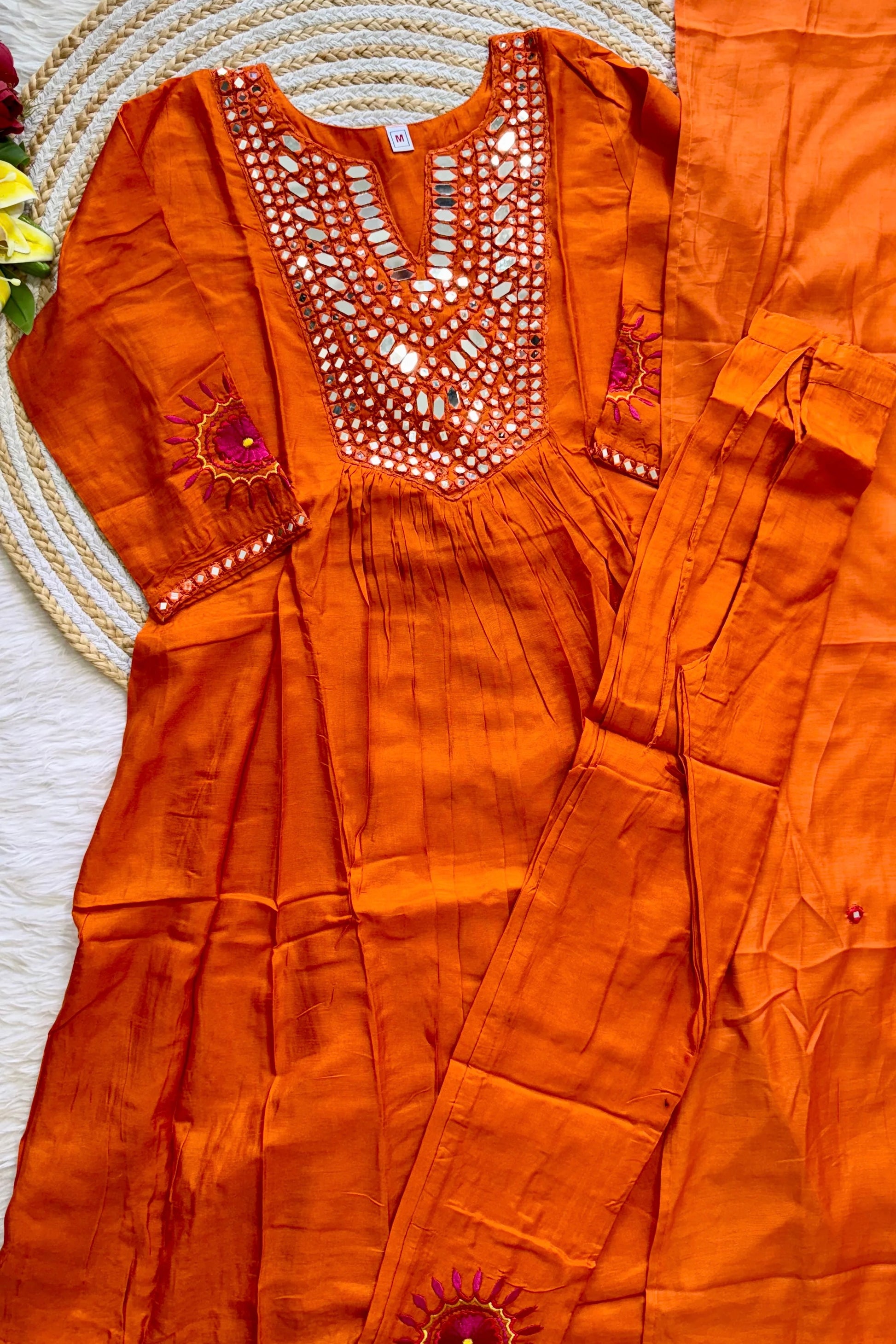“JASMINE” Premium Mul Chanderi mirror work anarkali suit set