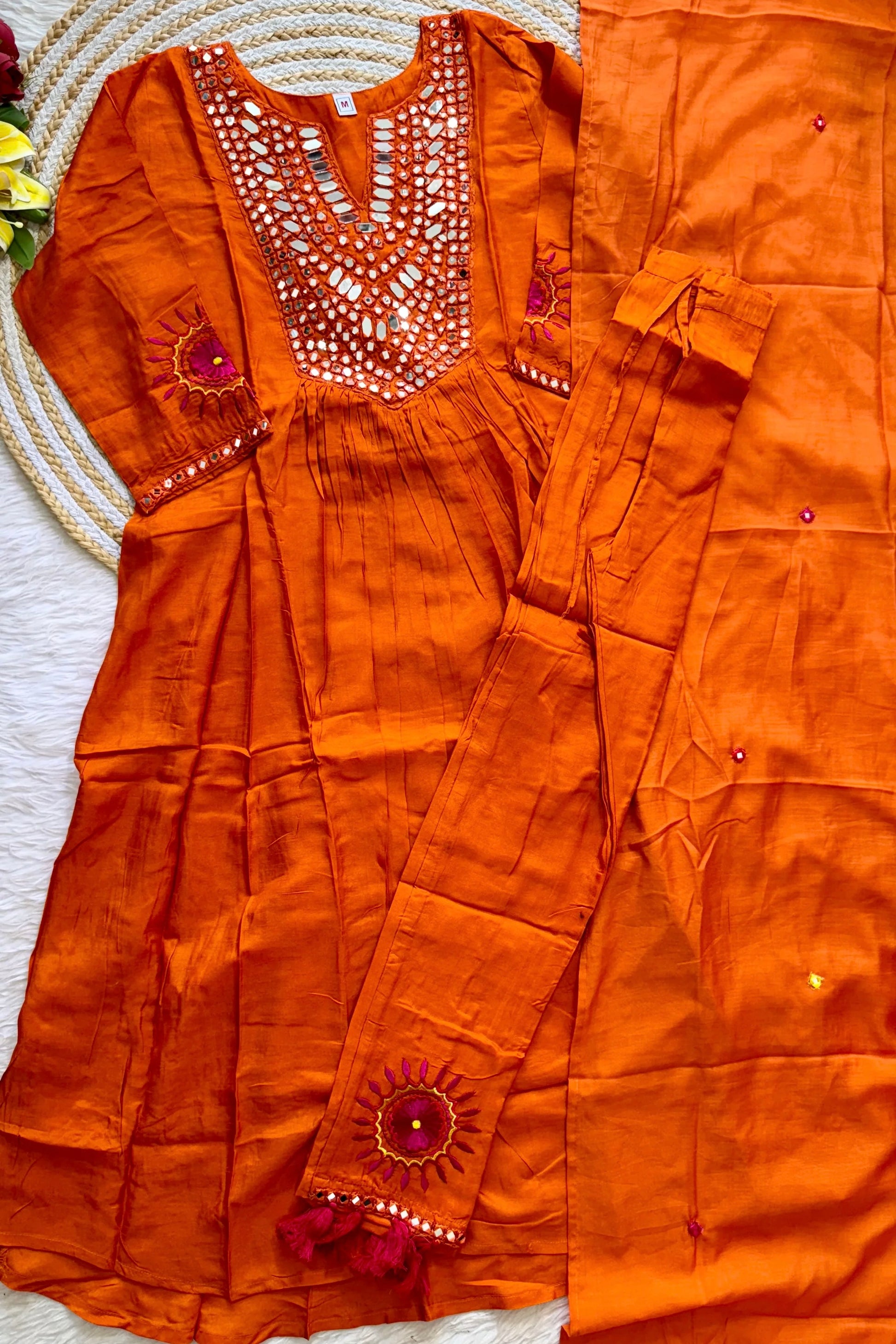 “JASMINE” Premium Mul Chanderi mirror work anarkali suit set