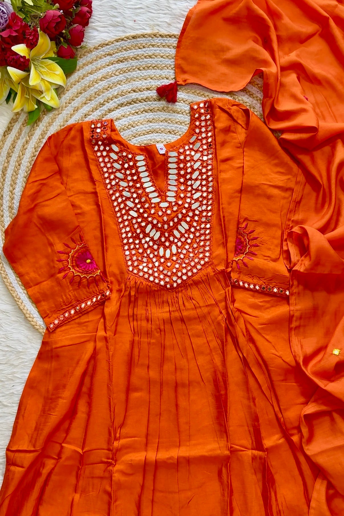 “JASMINE” Premium Mul Chanderi mirror work anarkali suit set