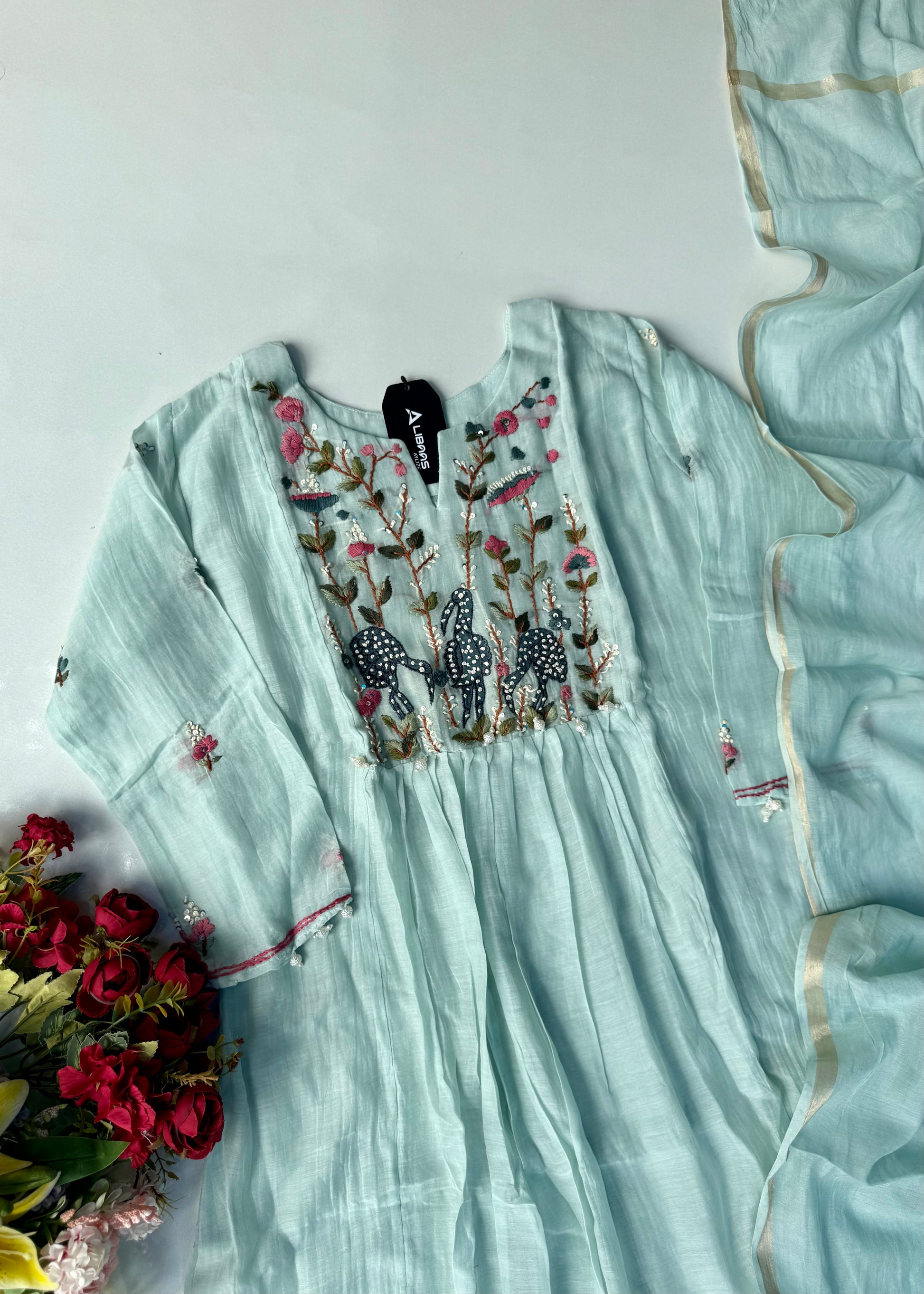 “Blush” Aqua Blue Mul Chanderi Anarkali Suit Set