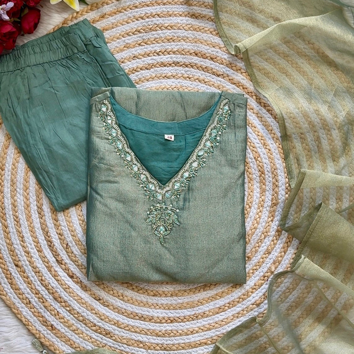 “Charvi” Crush tissue light weight v neck kurta set