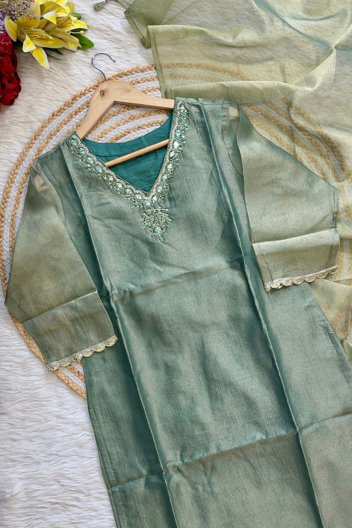 “Charvi” Crush tissue light weight v neck kurta set
