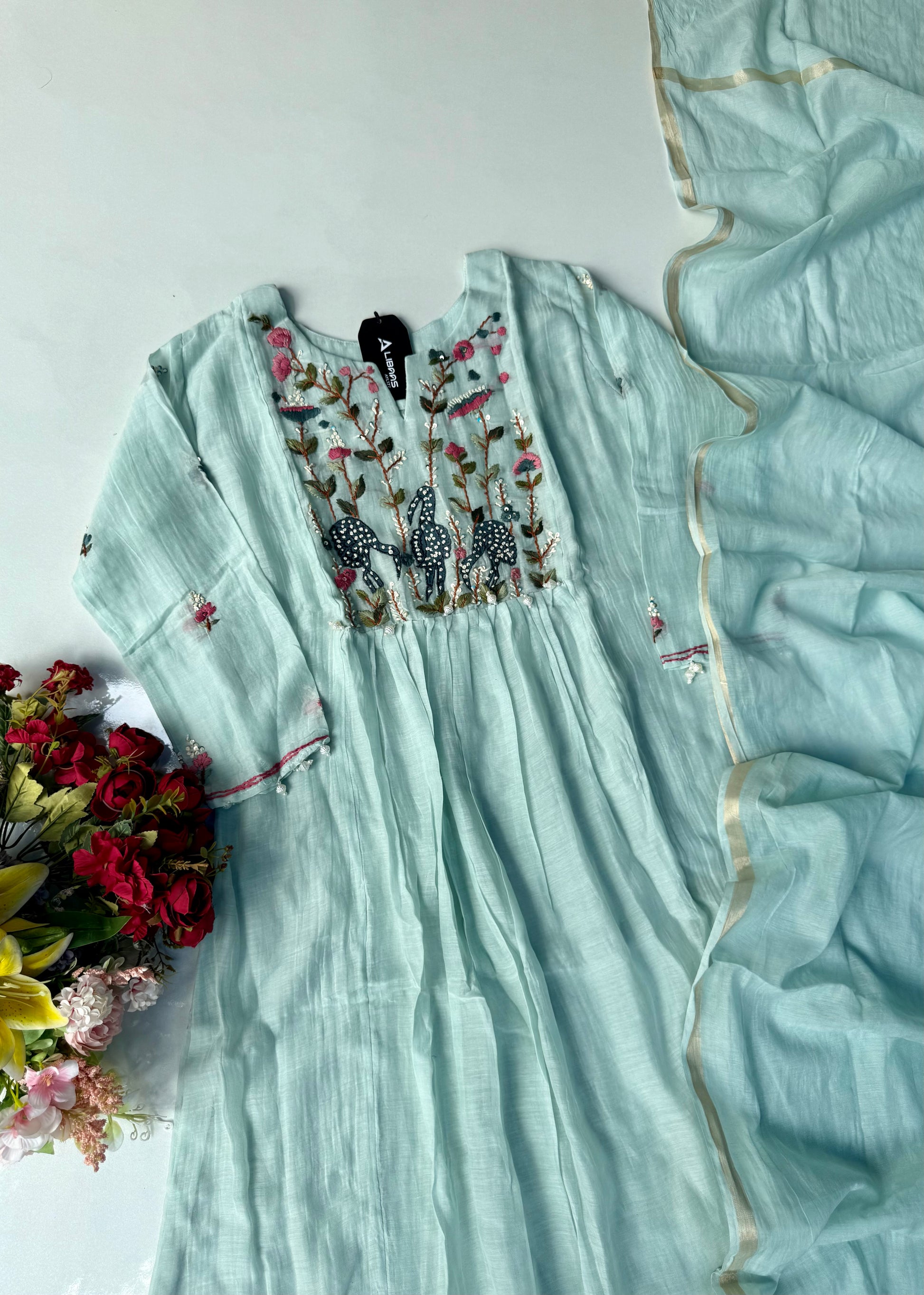 “Blush” Aqua Blue Mul Chanderi Anarkali Suit Set