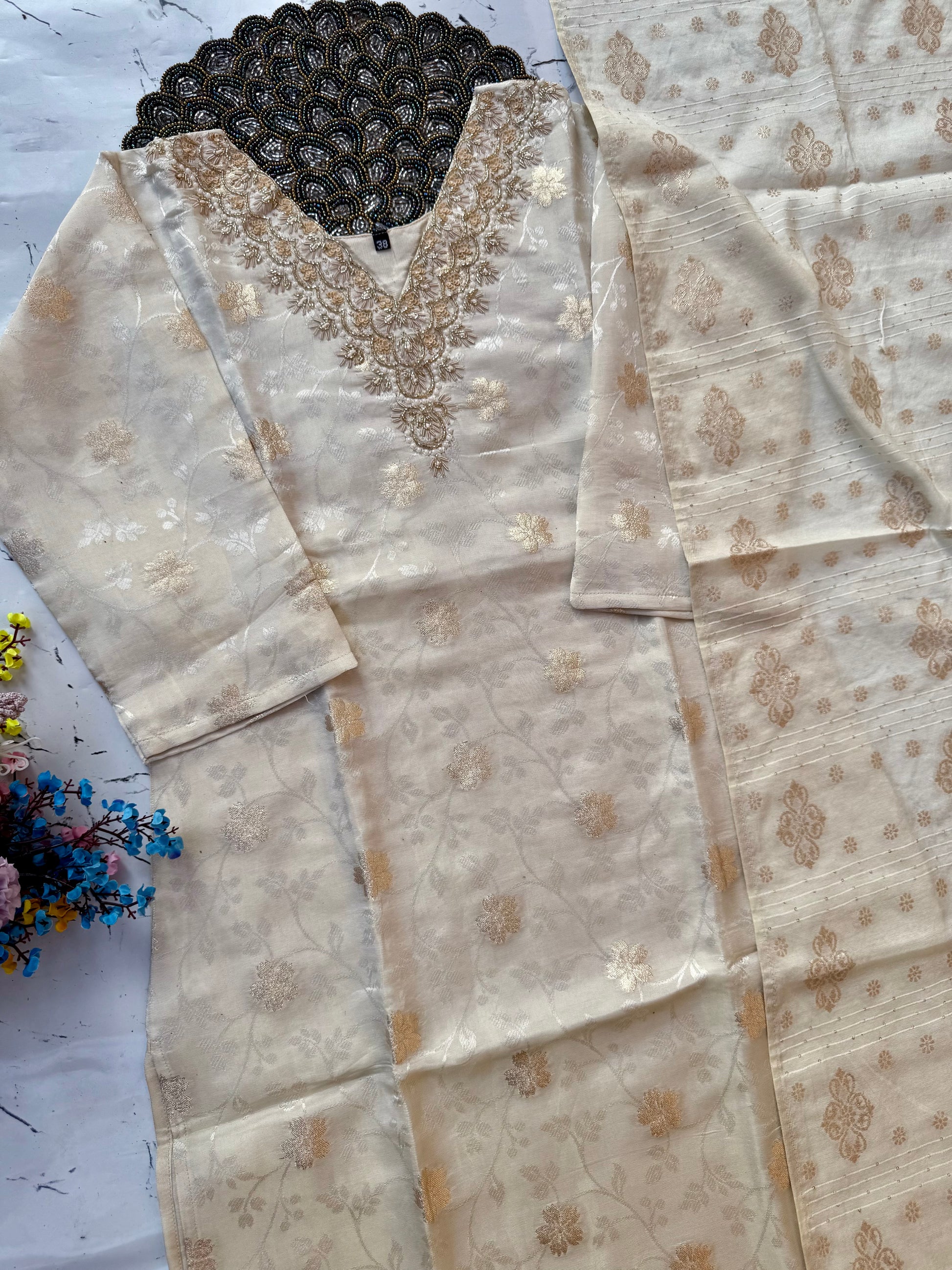 ‘’SANGINI” Beautiful off white Tissue silk kurti bottom dupatta set 🛍️