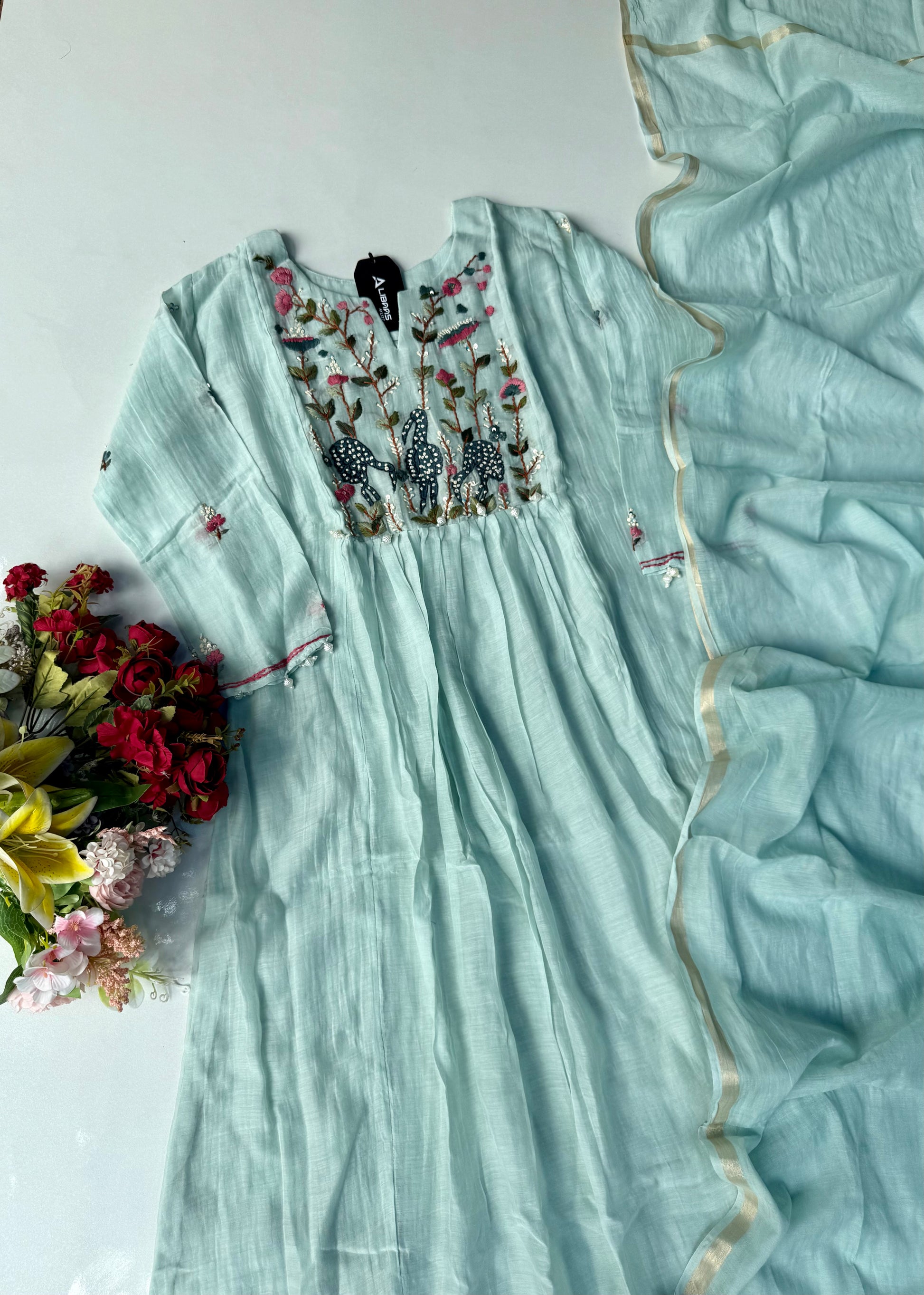 “Blush” Aqua Blue Mul Chanderi Anarkali Suit Set