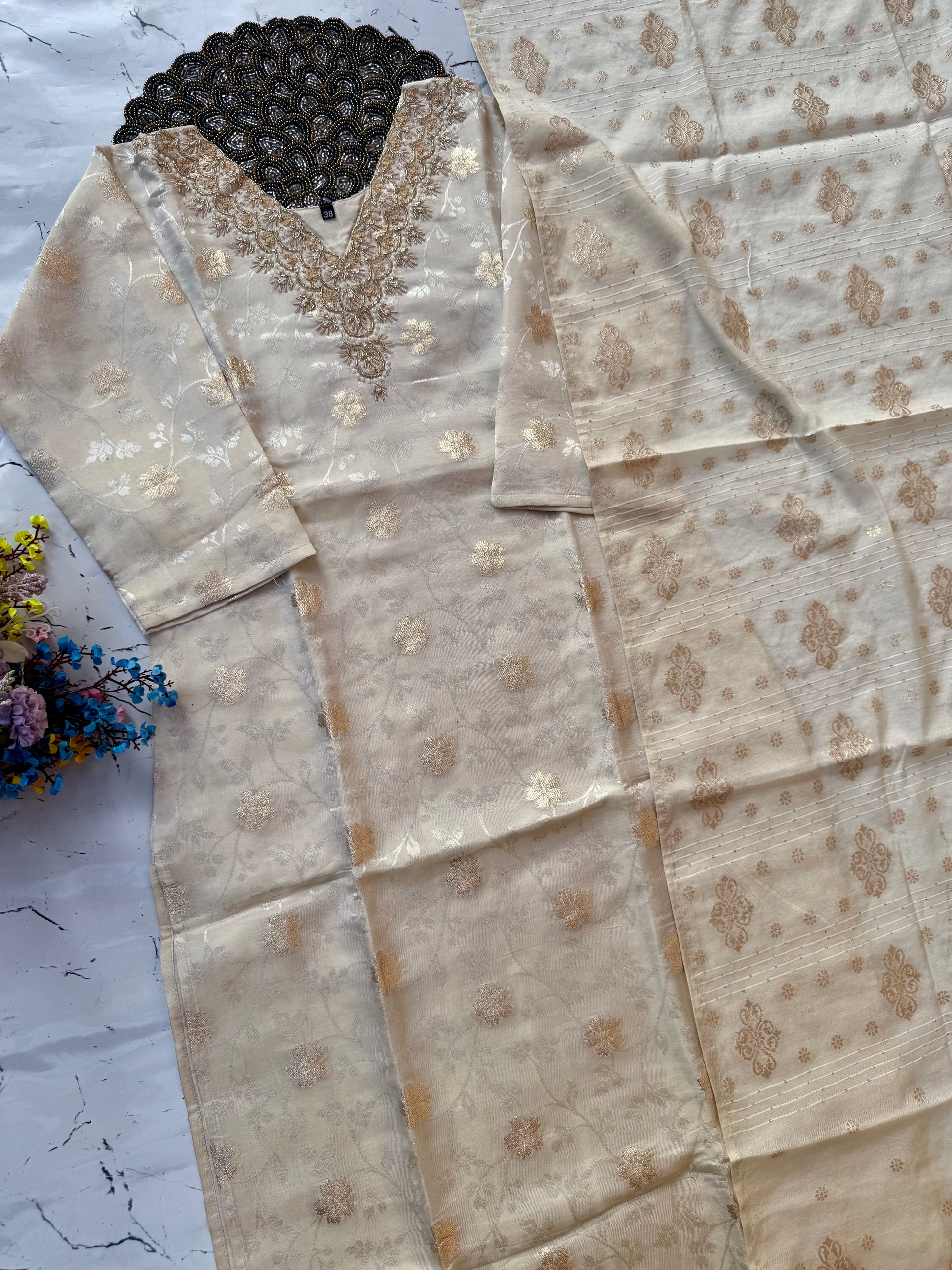 ‘’SANGINI” Beautiful off white Tissue silk kurti bottom dupatta set 🛍️