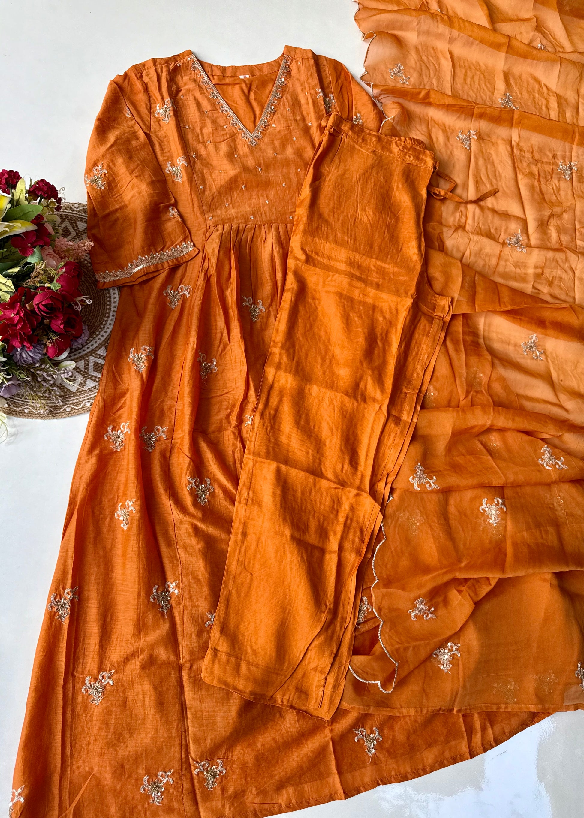 “Ishira” Premium Mul Chanderi Anarkali Kurta Set with Handwork