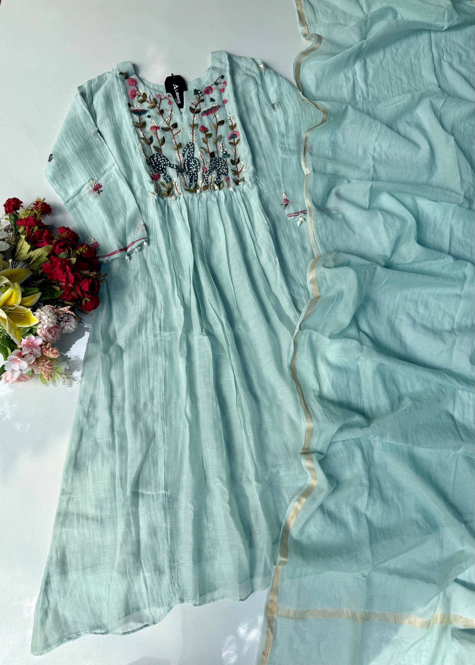 “Blush” Aqua Blue Mul Chanderi Anarkali Suit Set